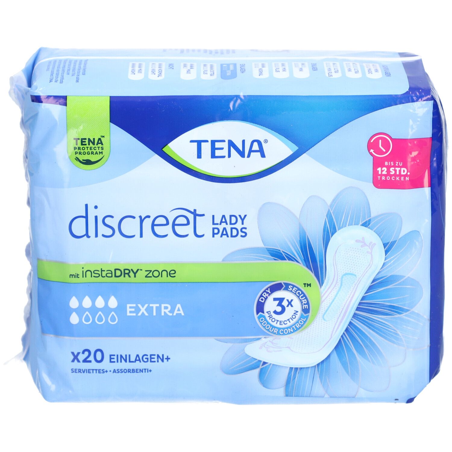 Verpackung TENA Discreet Lady Pads Extra. Blaue Verpackung mit Produktabbildung und Schriftzug. Enthält 20 Einlagen.