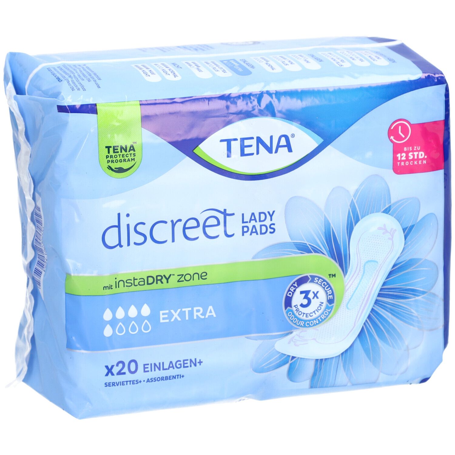 Verpackung TENA Discreet Lady Pads Extra. Blaue Verpackung mit Produktabbildung und Schriftzug. Enthält 20 Einlagen.