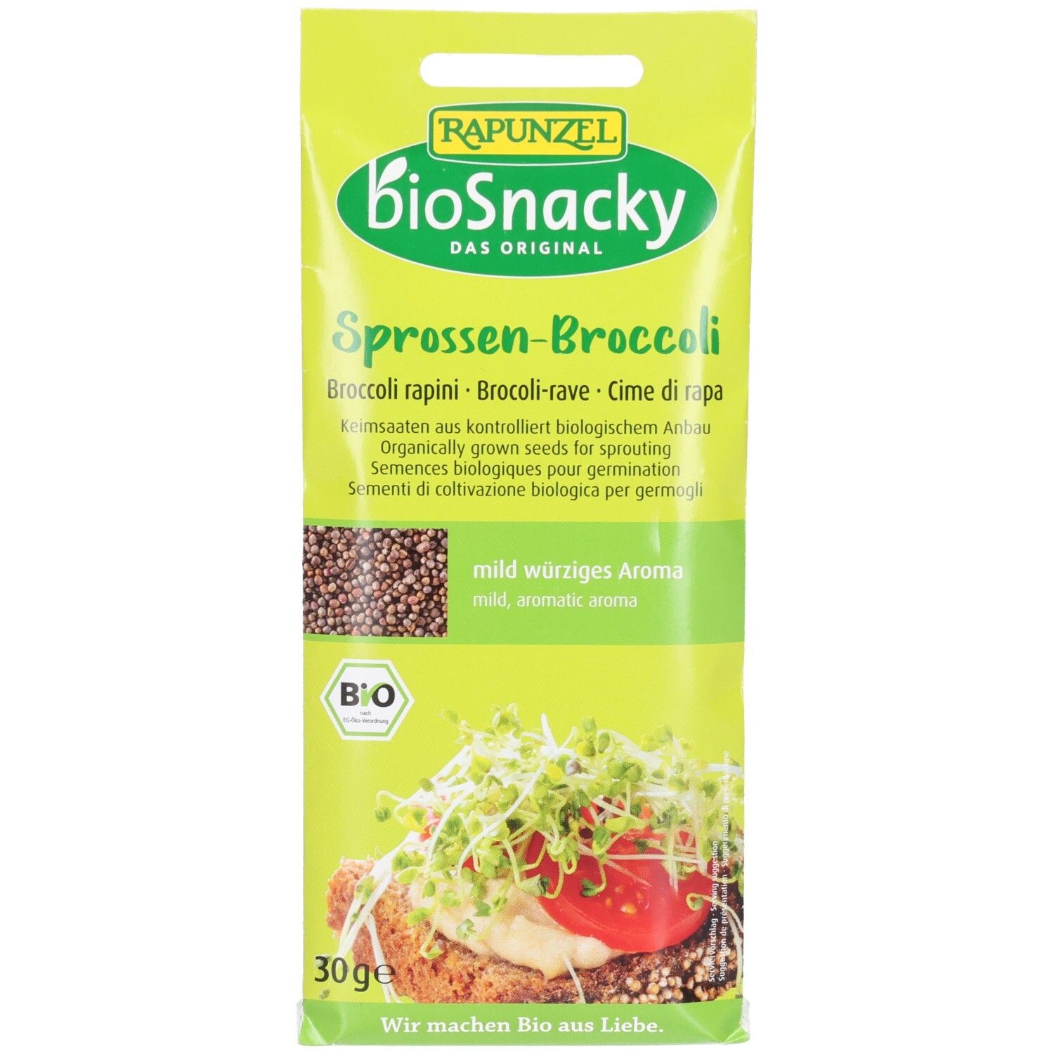 BioSnacky Sprossen-Broccoli Packung. Grün-gelbe Verpackung mit Produktbild und Text. Enthält 30g Samen. Bio-Siegel.
