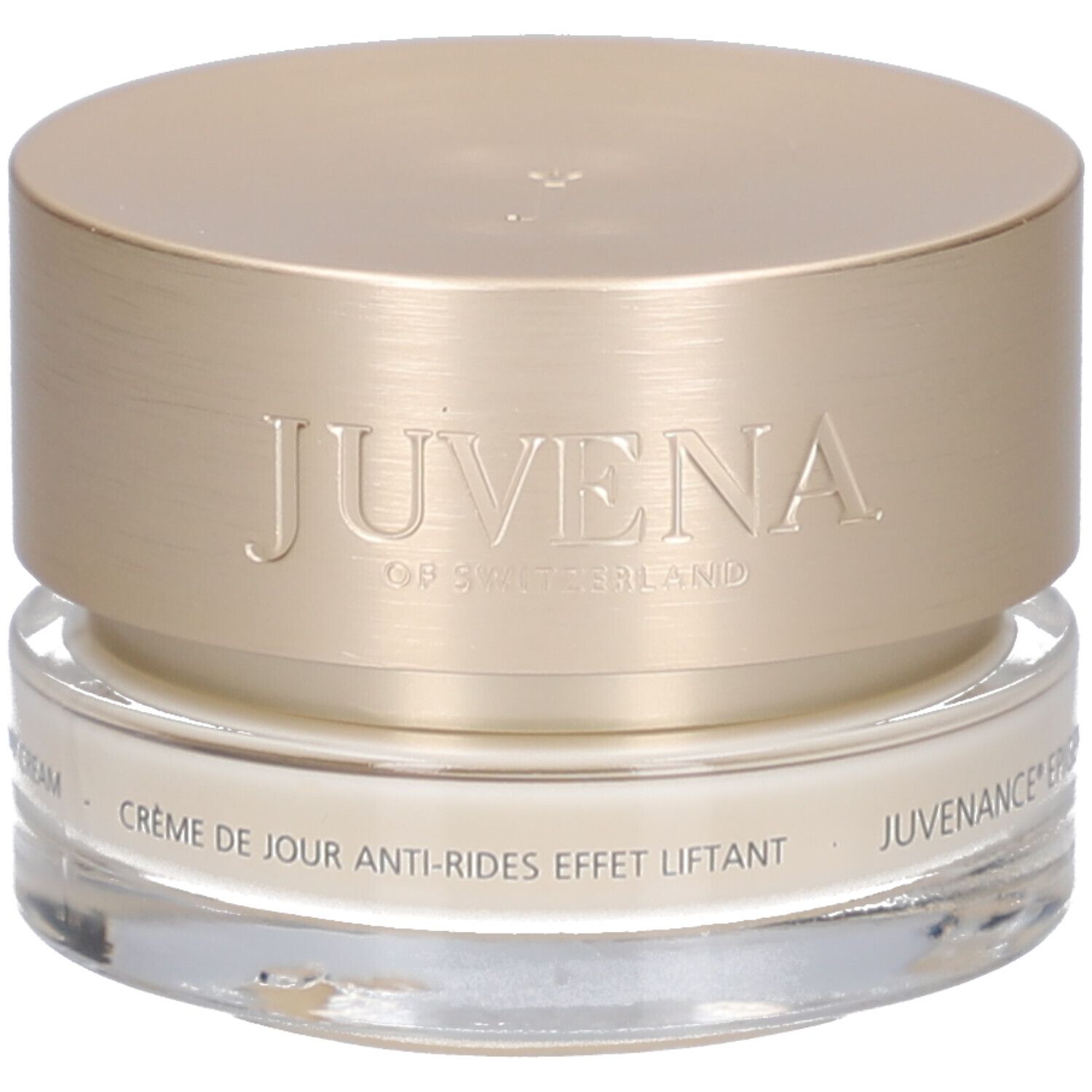 Creme-Tiegel mit goldfarbenem Deckel. Aufschrift: JUVENA OF SWITZERLAND. Text: Crème de jour anti-rides effet liftant.
