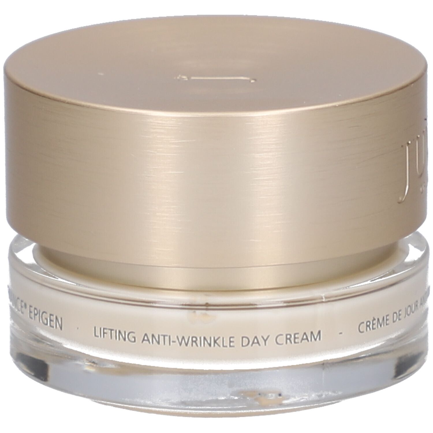 Creme-Tiegel mit goldfarbenem Deckel. Aufschrift: JUVENA OF SWITZERLAND. Text: Lifting Anti-Wrinkle Day Cream.
