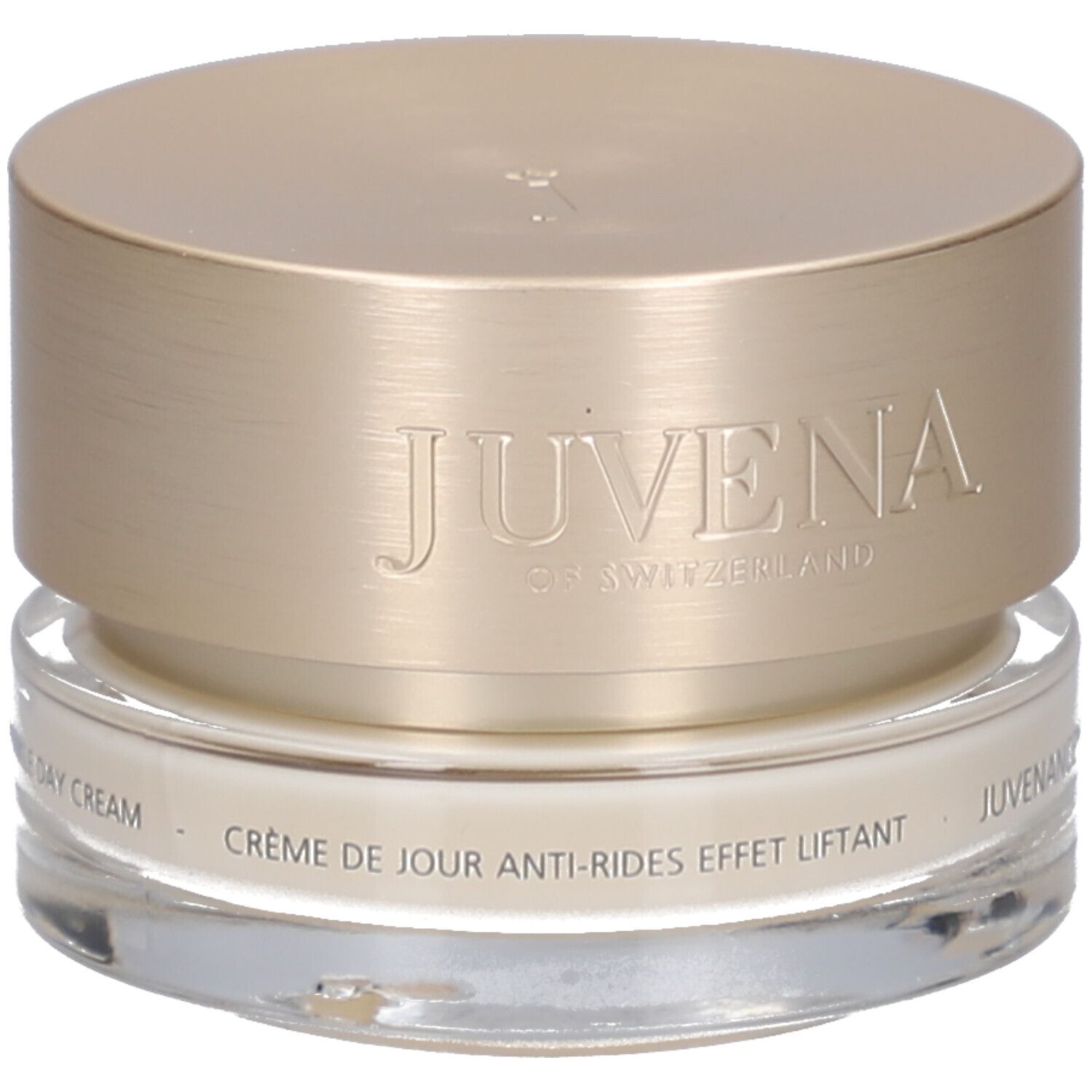 Creme-Tiegel mit goldfarbenem Deckel. Aufschrift: JUVENA OF SWITZERLAND. Text: Crème de jour anti-rides effet liftant.
