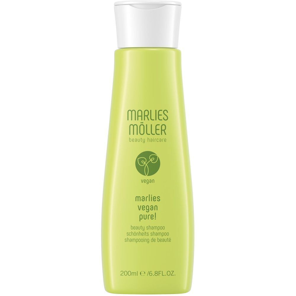 Grüne Shampoo-Flasche mit weißem Deckel. Aufschrift: Marlies Möller, Vegan Pure! Beauty Shampoo.