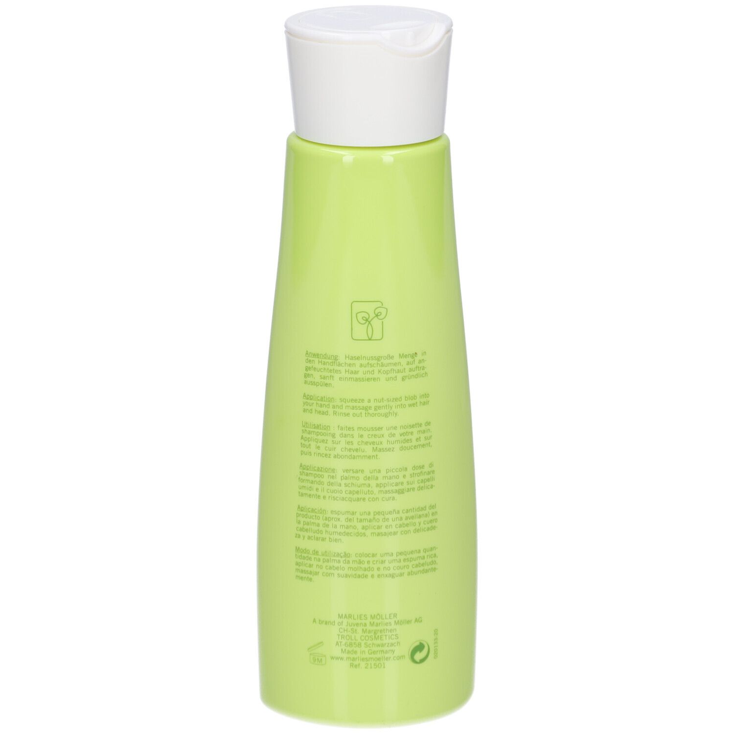 Rückseite der grünen Shampoo-Flasche. Textinformationen und Logo. Aufschrift: Marlies Möller.