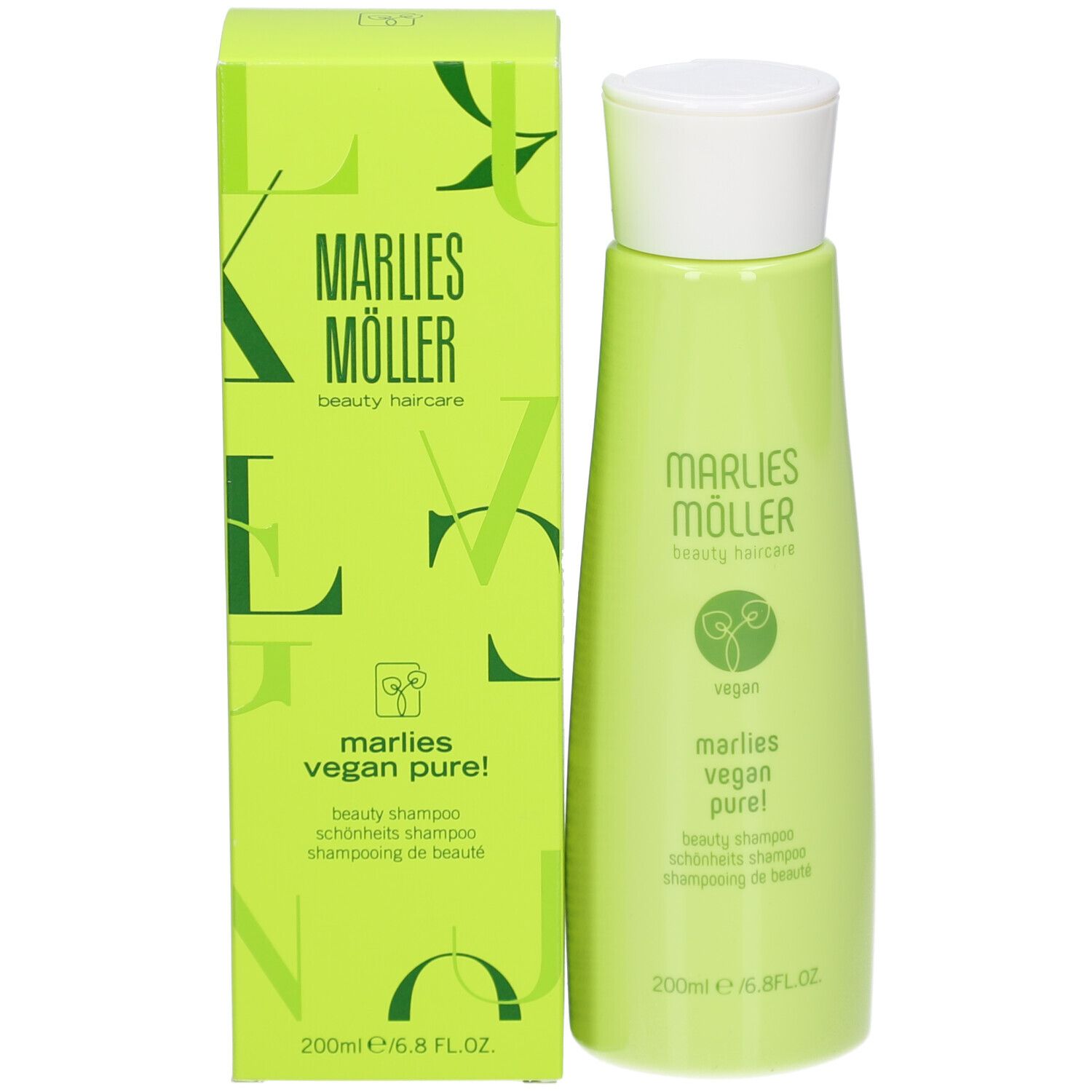 Grüne Schachtel und Shampoo-Flasche. Aufschrift: Marlies Möller, Vegan Pure! Beauty Shampoo.