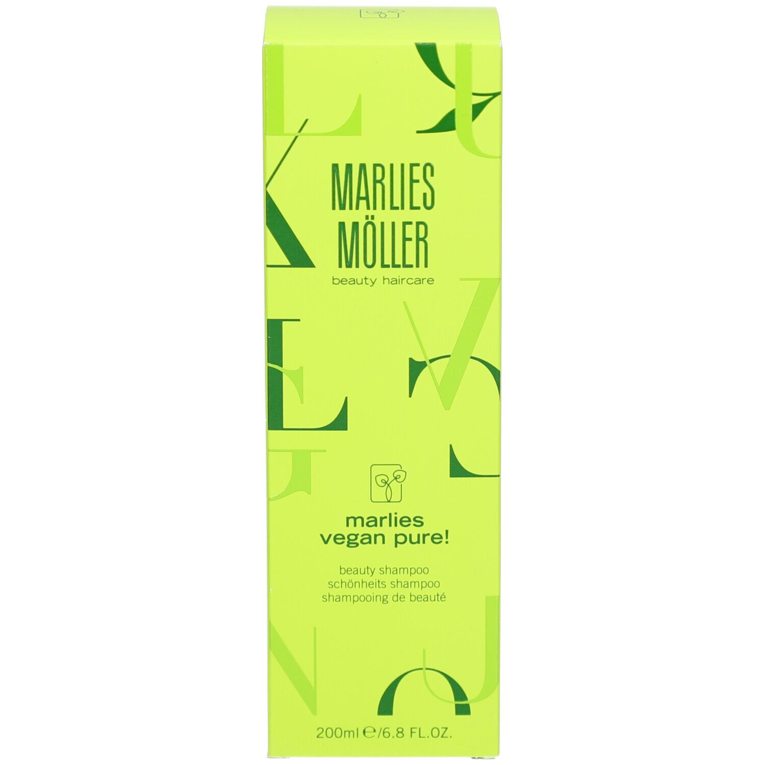 Grüne Schachtel. Aufschrift: Marlies Möller, Vegan Pure! Beauty Shampoo.