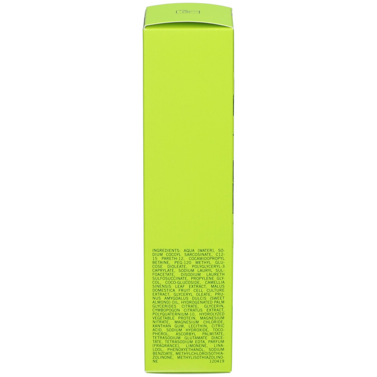 Seite der grünen Schachtel. Textinformationen. Aufschrift: Marlies Möller.