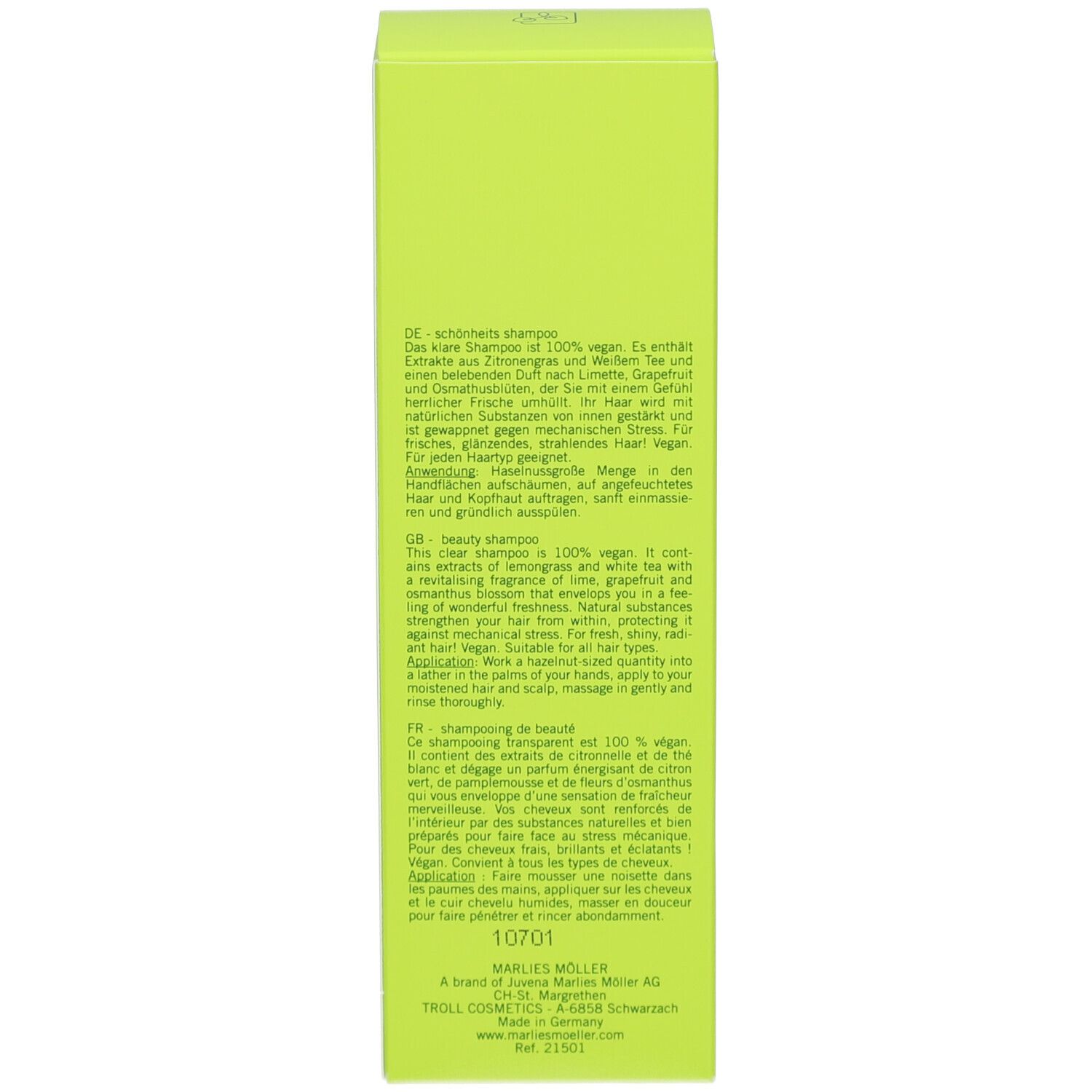 Seite der grünen Schachtel. Textinformationen. Aufschrift: Marlies Möller.