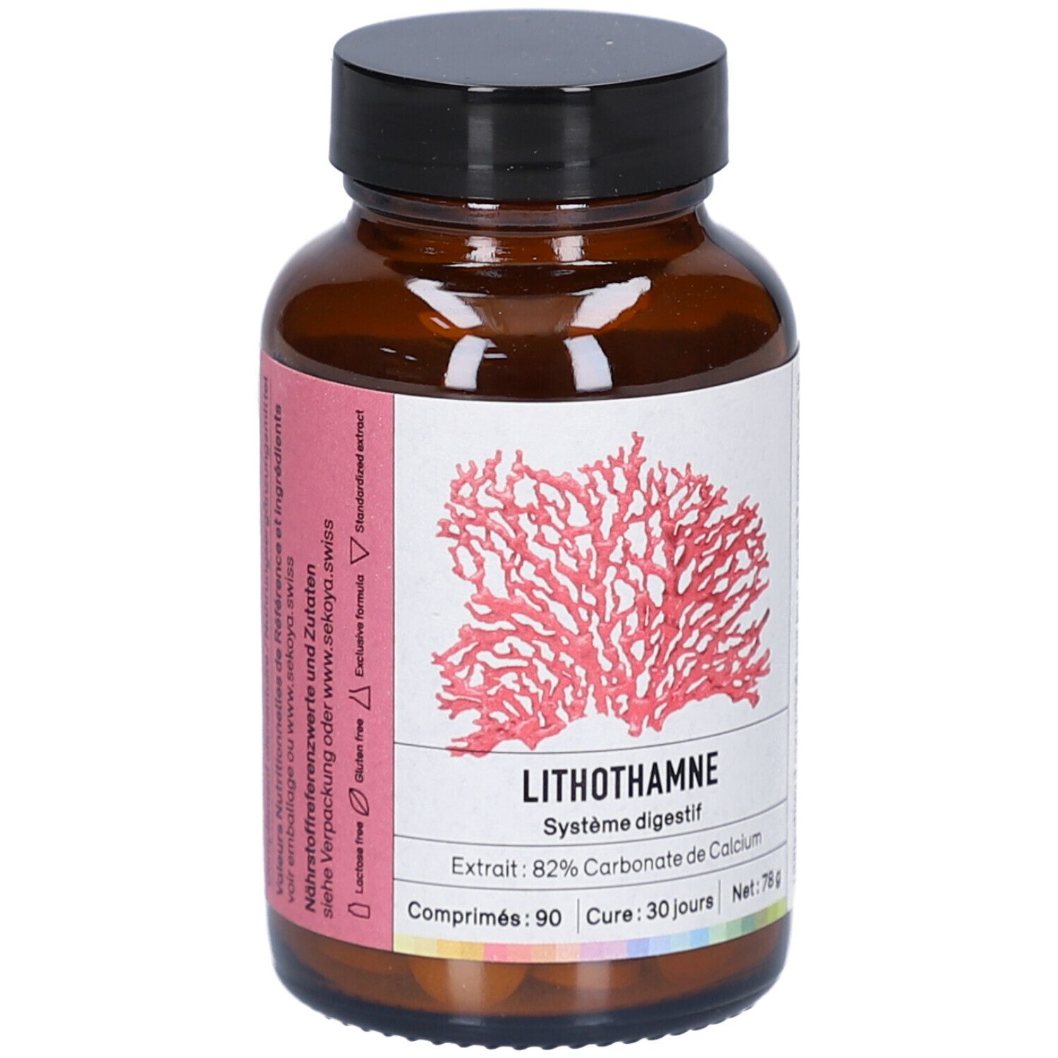 Braune Glasflasche mit schwarzem Deckel. Etikett mit roter Korallenzeichnung und Text: Lithothamnium, 90 Tabletten.