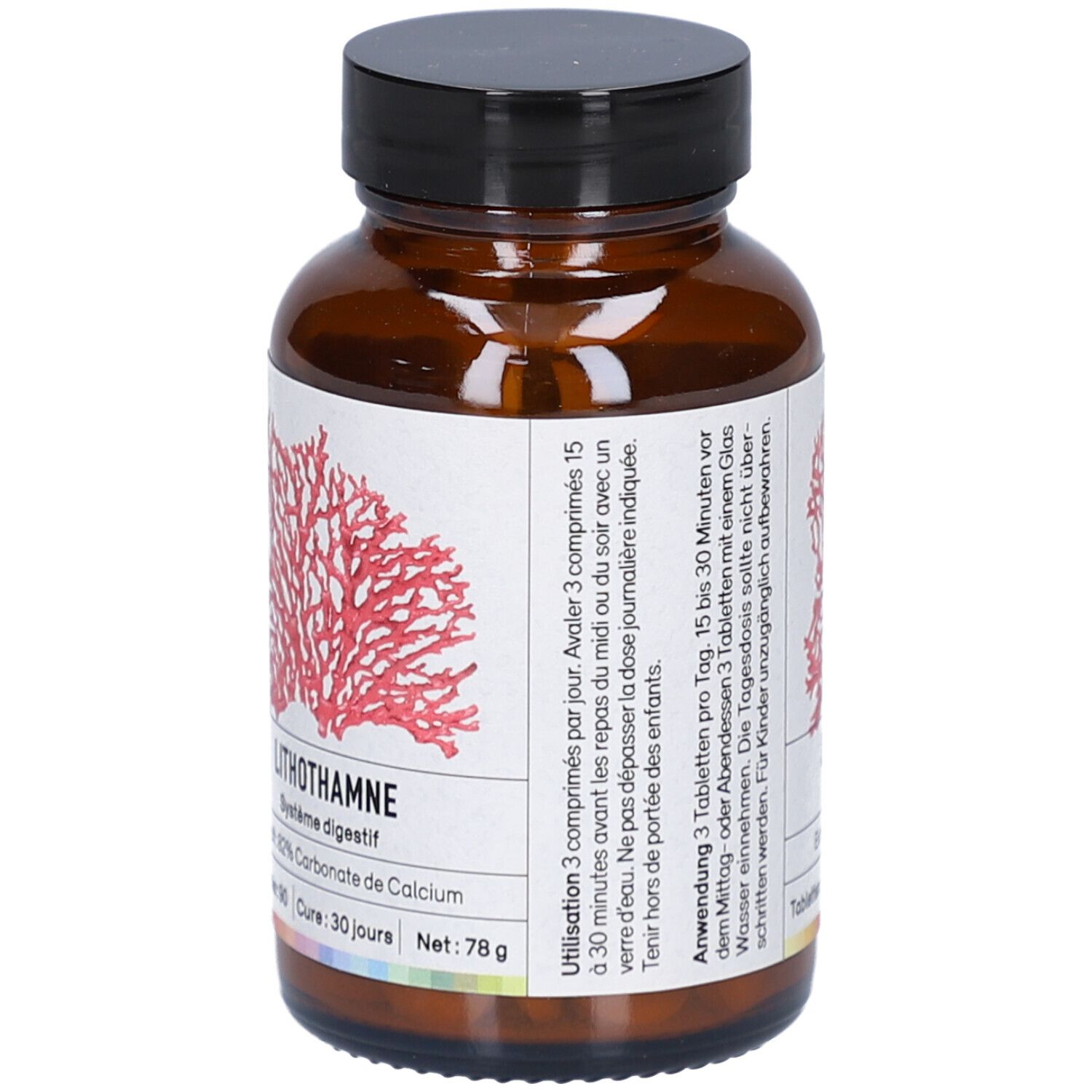 Braune Glasflasche mit schwarzem Deckel. Etikett mit roter Korallenzeichnung und Text: Lithothamnium, 90 Tabletten, 78g.