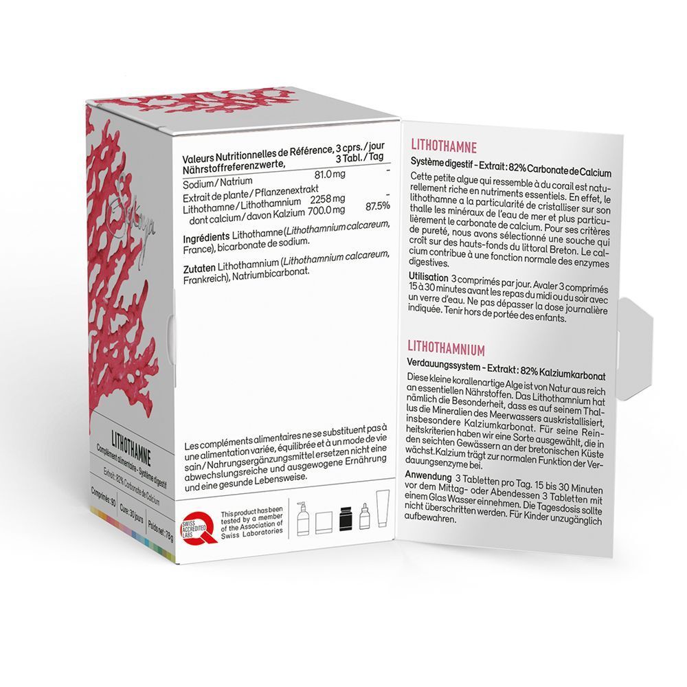 Produktverpackung mit Text. Enthält Informationen zu Inhaltsstoffen und Nährwerten. Text in Deutsch und Französisch.