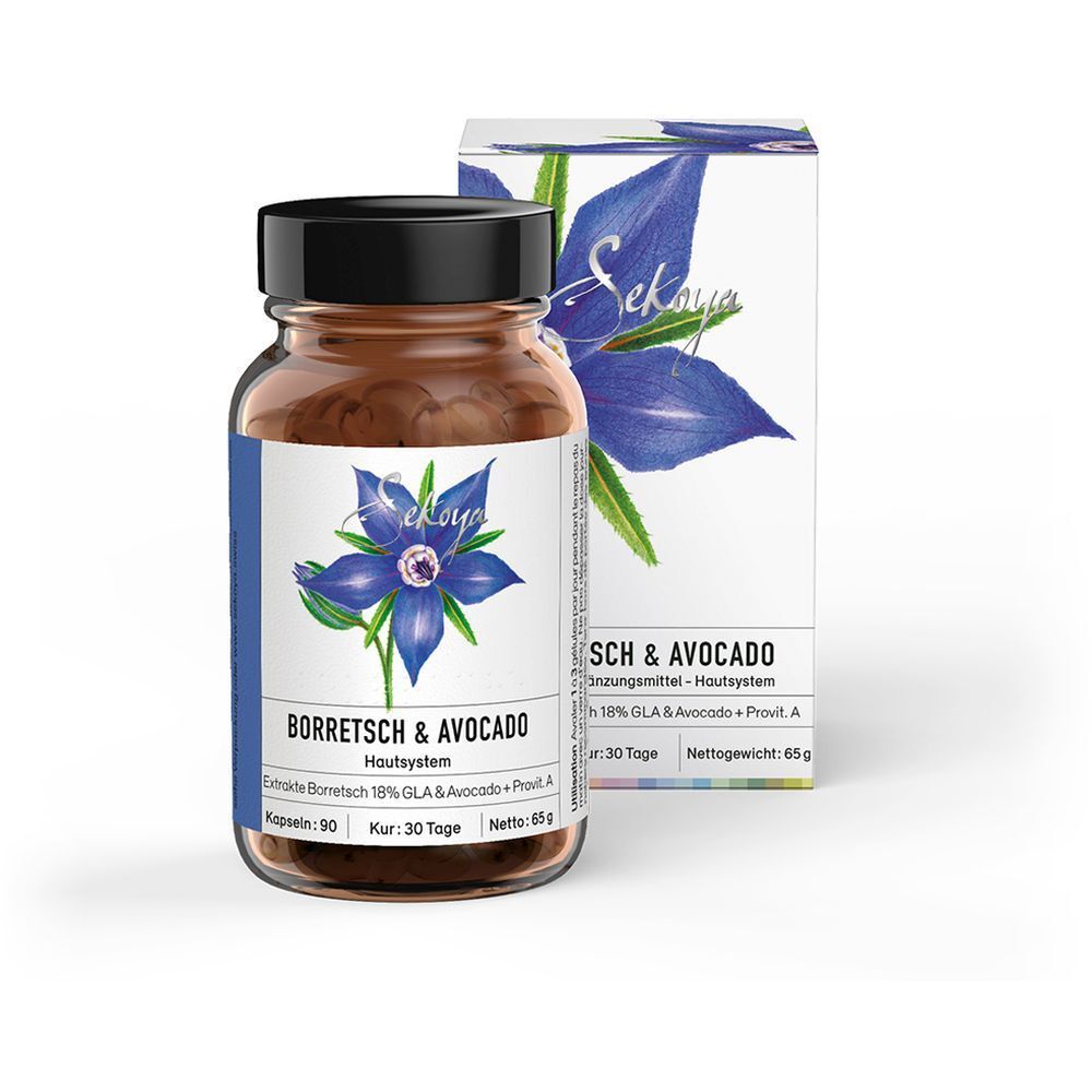 Braune Glasflasche mit schwarzen Deckel und weißem Etikett. Aufschrift: Borretsch & Avocado. Daneben eine Schachtel mit Produktinformationen.