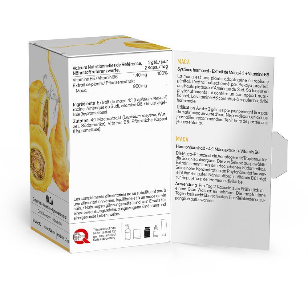 Geöffnete Schachtel mit Text. Aufschrift: Maca, Hormonhaushalt, 4:1 Macaextrakt + Vitamin B6. Nährwertangaben, Inhaltsstoffe, Anwendungshinweise.