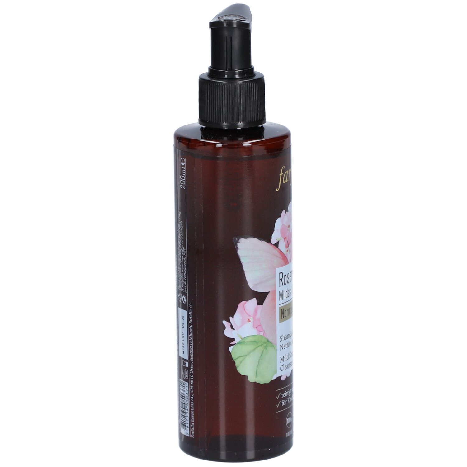 Braune Flasche mit schwarzem Pumpkopf. Aufschrift: Farfalla Rosengeranie Mildes Shampoo. Seitenansicht.