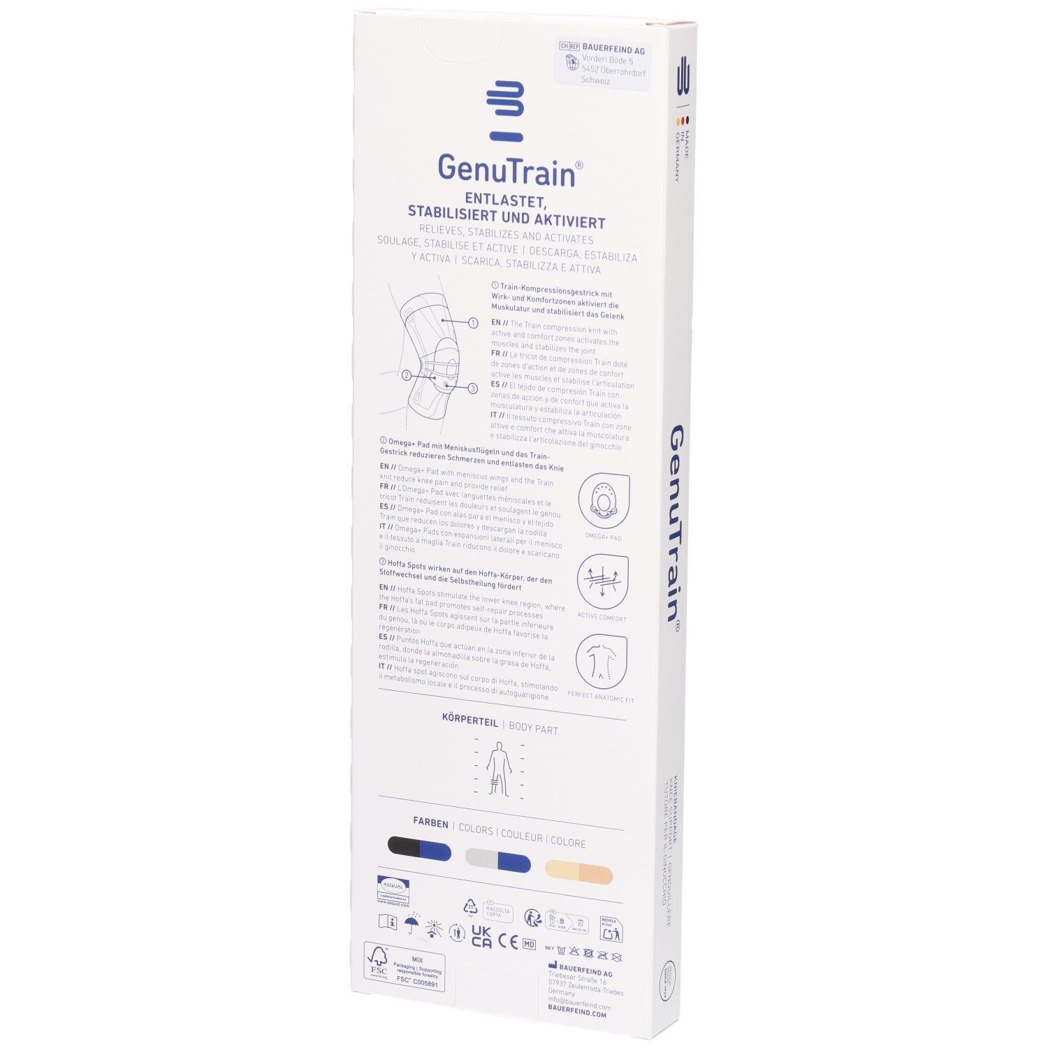 Rückseite der Verpackung der BAUERFEIND GenuTrain Kniebandage mit Anwendungshinweisen, Größentabelle und Zertifizierungen.