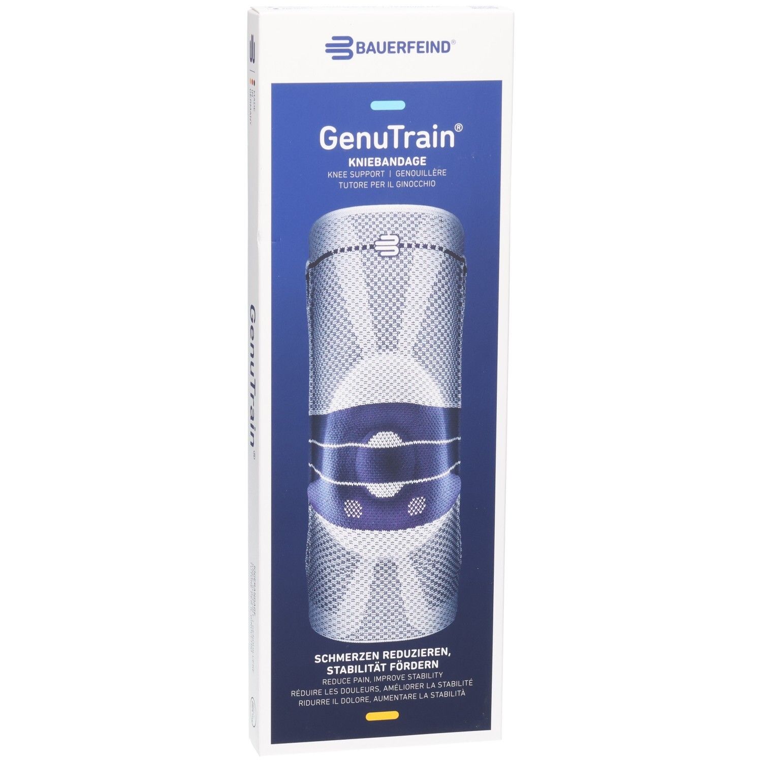 Verpackung der BAUERFEIND GenuTrain Kniebandage mit Abbildung des Produkts und Hinweisen zur Schmerzreduktion und Stabilitätsförderung.