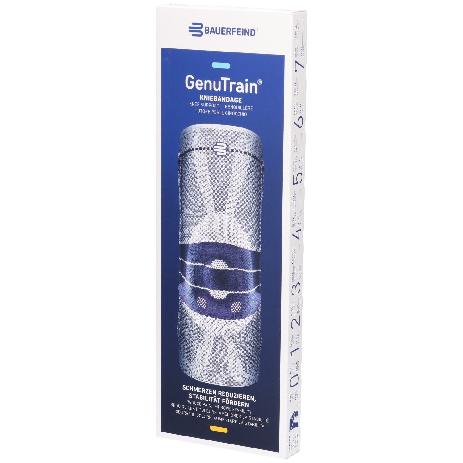 Verpackung der BAUERFEIND GenuTrain Kniebandage Comfort mit Abbildung der Bandage.