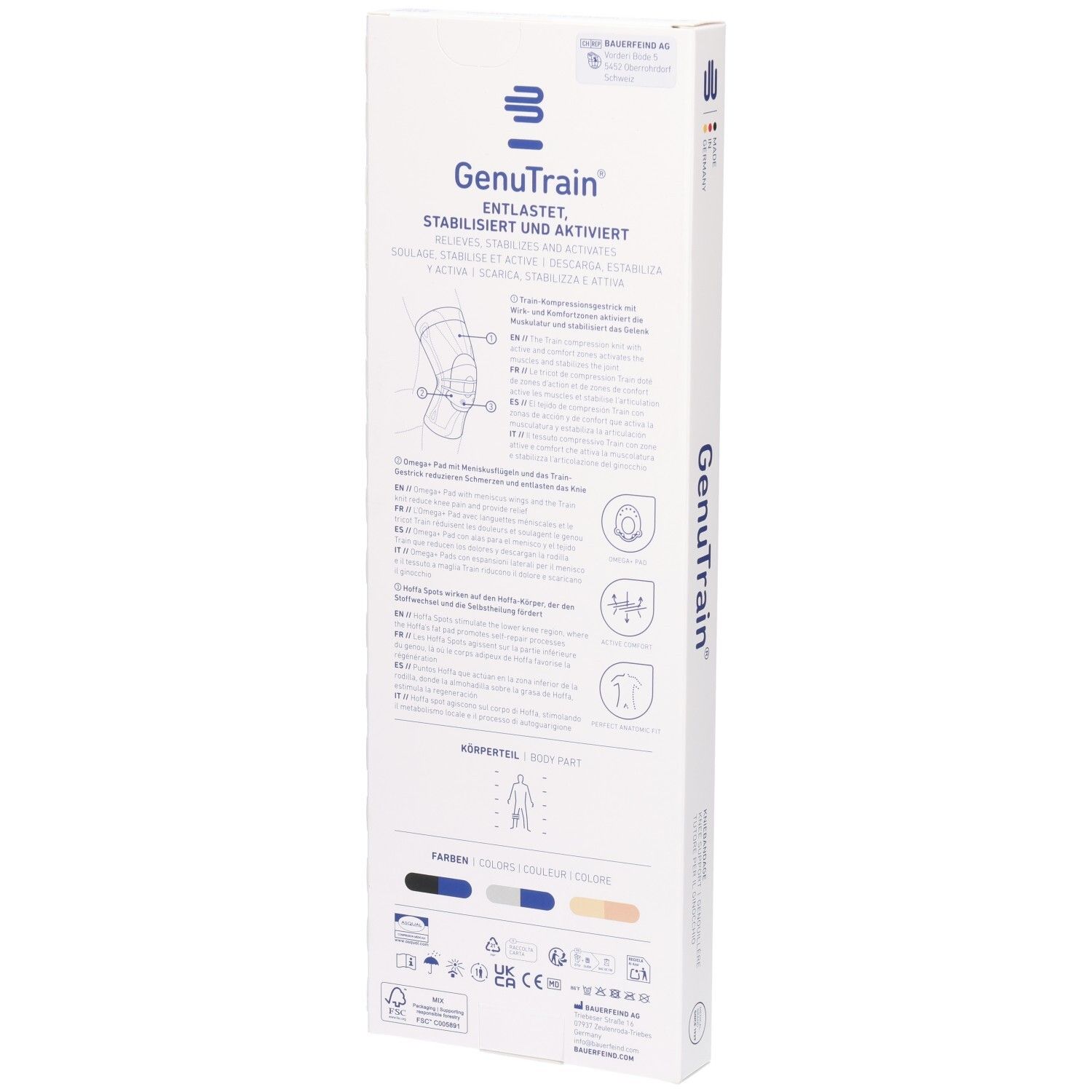 Rückseite der Verpackung der BAUERFEIND GenuTrain Kniebandage Comfort mit Anwendungshinweisen.