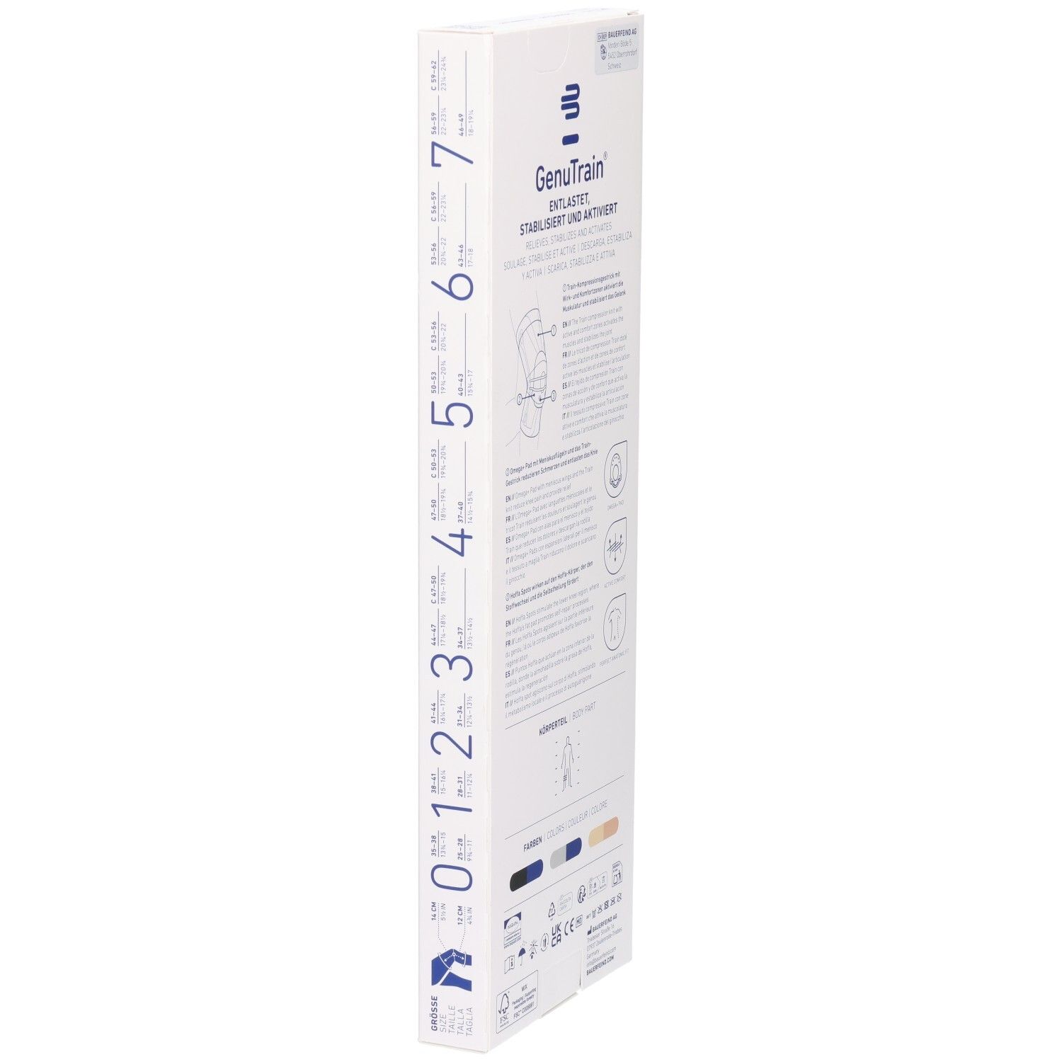 Seitenansicht der Verpackung der BAUERFEIND GenuTrain Kniebandage Comfort mit Größenangaben.