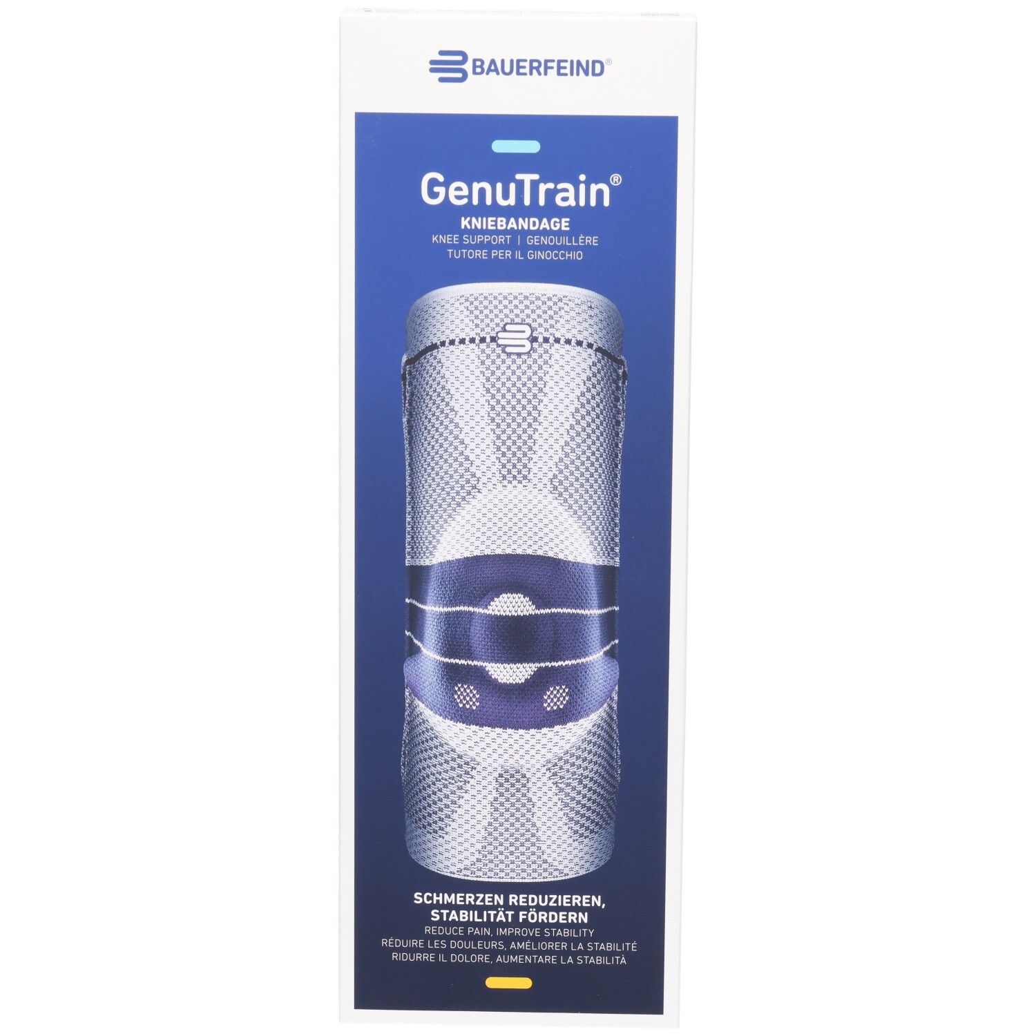Verpackung der BAUERFEIND GenuTrain Kniebandage Comfort mit Abbildung der Bandage.