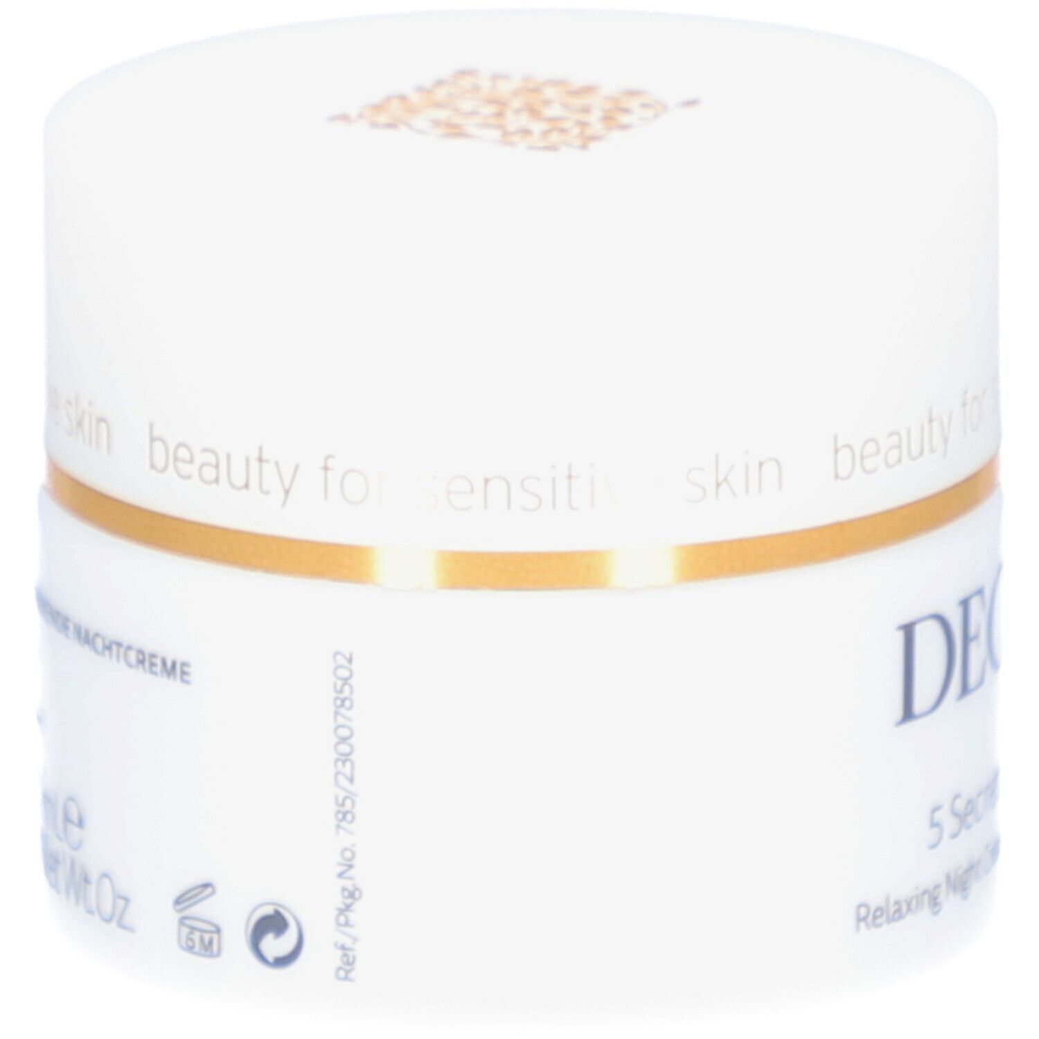 Weißer Tiegel mit goldfarbenem Deckel. Aufschrift: DECLARÉ, 5 Secrets Night Cream. Text auf der Seite.