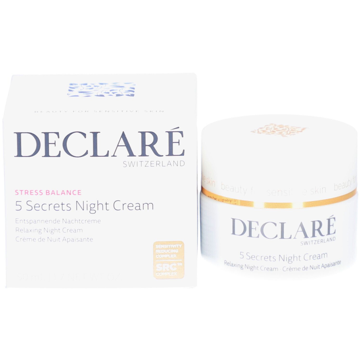 Weißer Tiegel und Schachtel. Aufschrift: DECLARÉ, 5 Secrets Night Cream. Text: Stress Balance, Entspannende Nachtcreme.