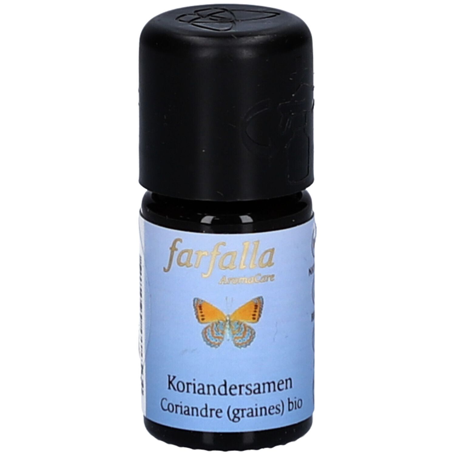 Braune Glasflasche mit schwarzem Deckel. Aufschrift: Farfalla, Koriandersamen bio. Etikett mit Schmetterling.