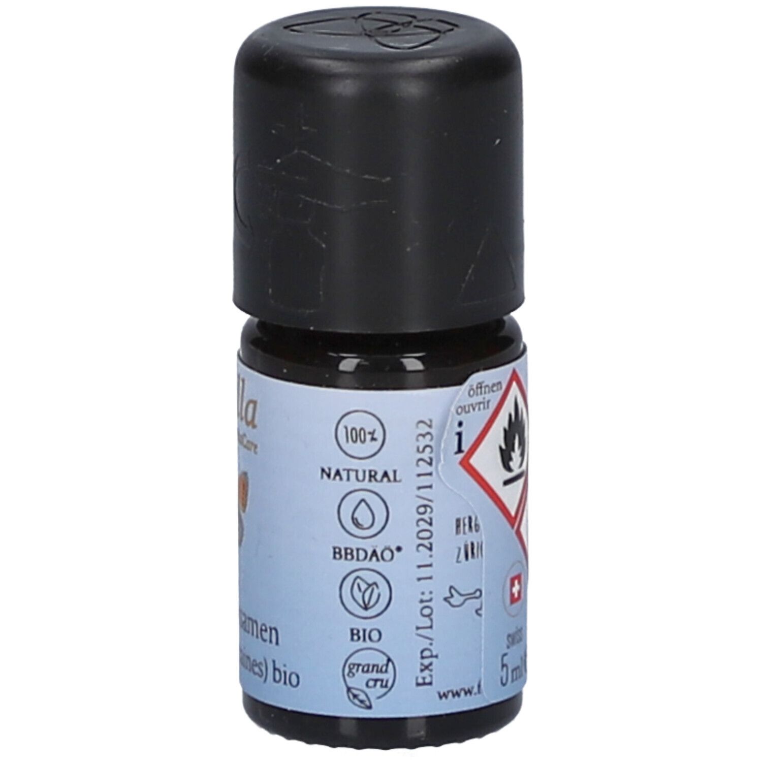 Braune Glasflasche mit schwarzem Deckel. Aufschrift: Farfalla, Koriandersamen bio. Etikett mit Gefahrensymbolen, Schweizer Kreuz, 5 ml.