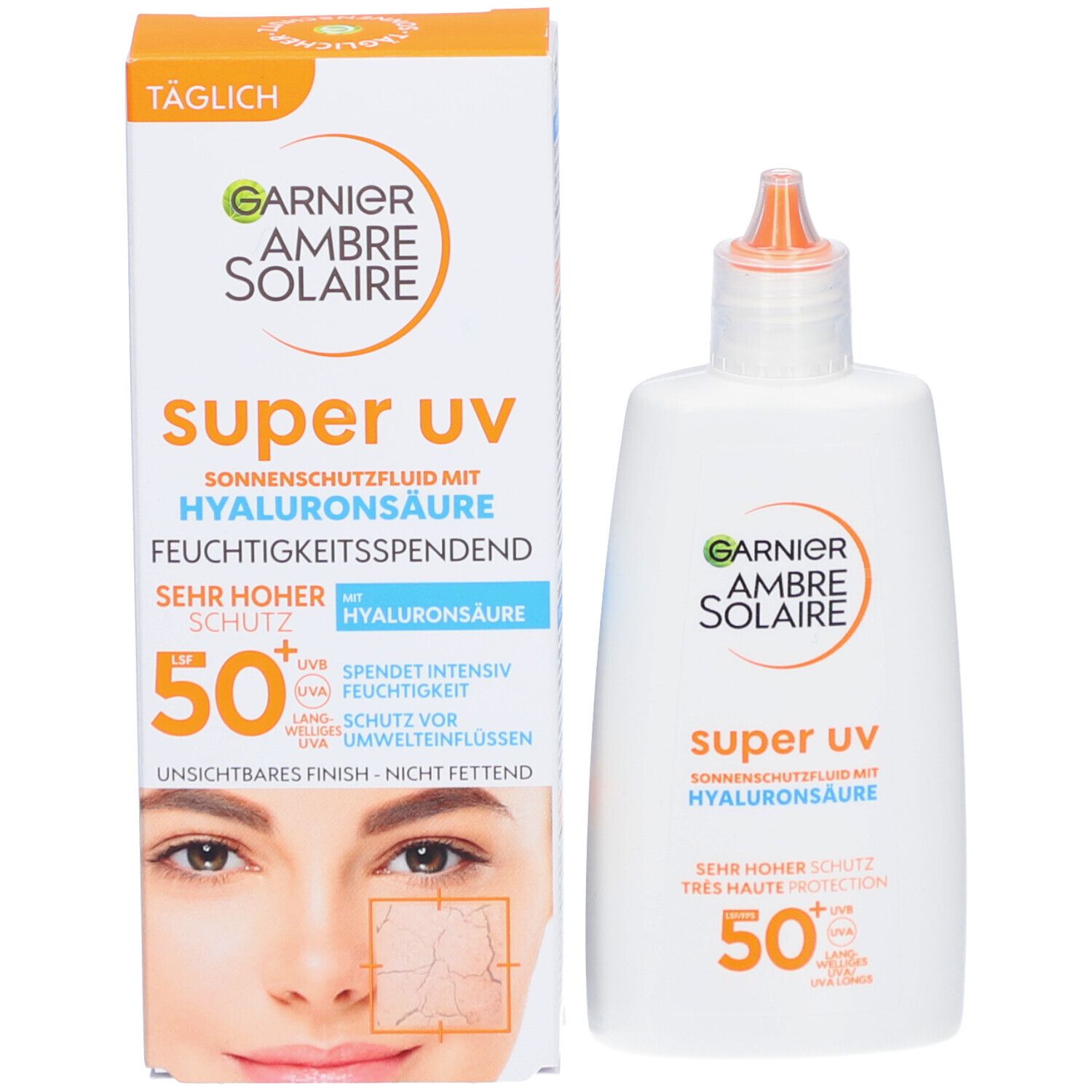 Garnier Ambre Solaire Super UV Sonnenschutz-Fluid und Verpackung. Text: 50+ SPF, Hyaluronsäure, feuchtigkeitsspendend.