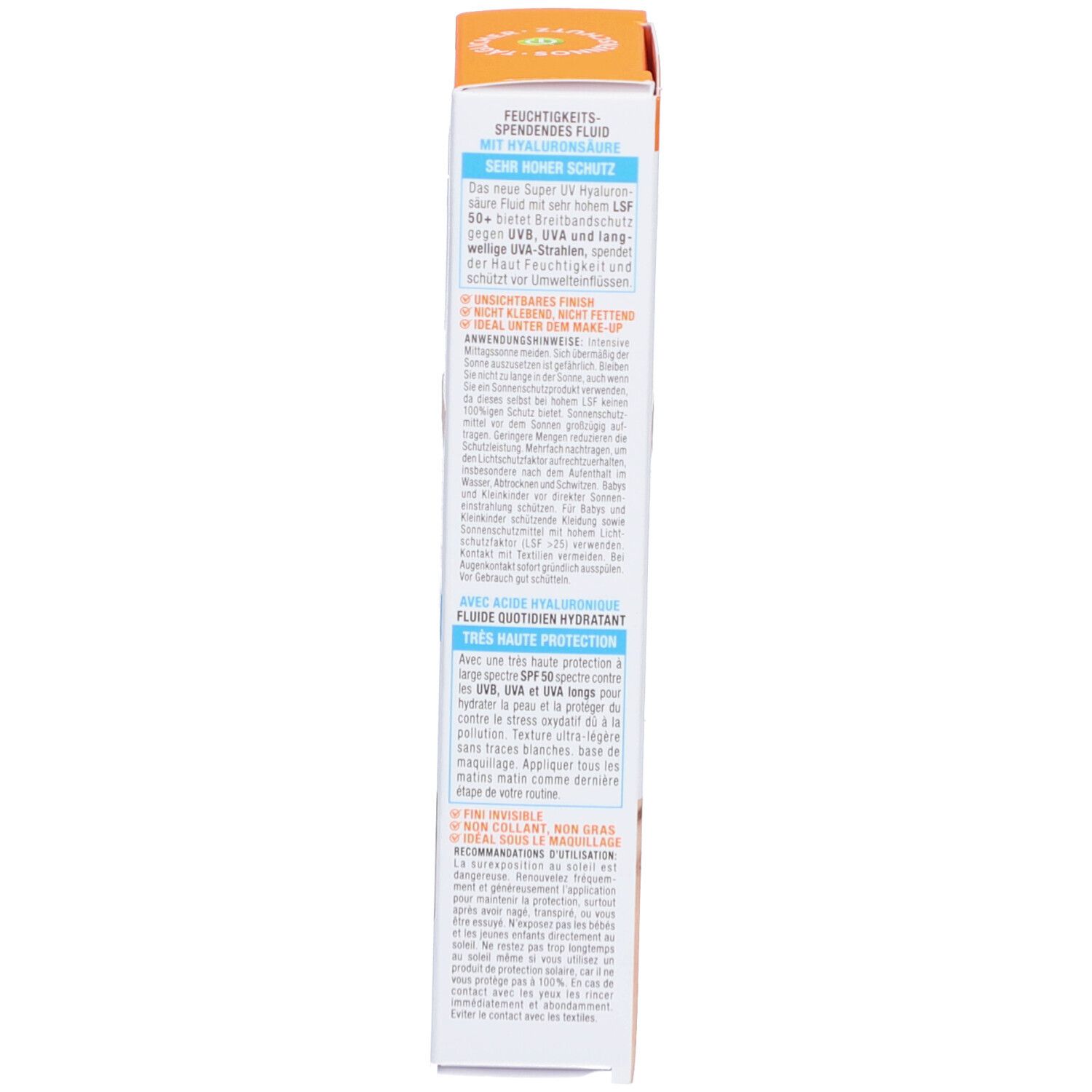 Seite der Garnier Ambre Solaire Verpackung. Text: Inhaltsstoffe, Recycling-Symbole, Volumen 40ml.