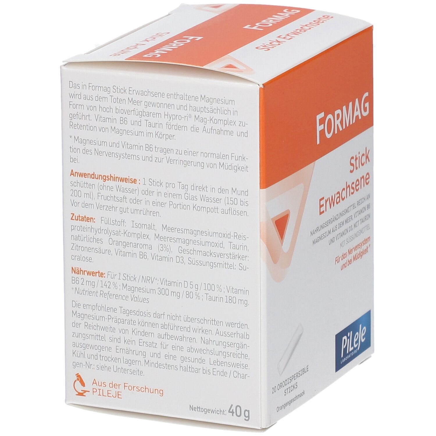 Formag Stick Erwachsene-Verpackung, Detailansicht. Text über Inhaltsstoffe und Anwendung. 20 Sticks, 40g.