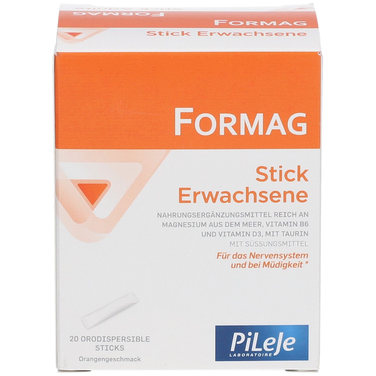 Formag Stick Erwachsene-Verpackung. Weiß-orangefarbener Karton mit Produktnamen und Inhaltsangaben. 20 Sticks, Orangen-Geschmack.