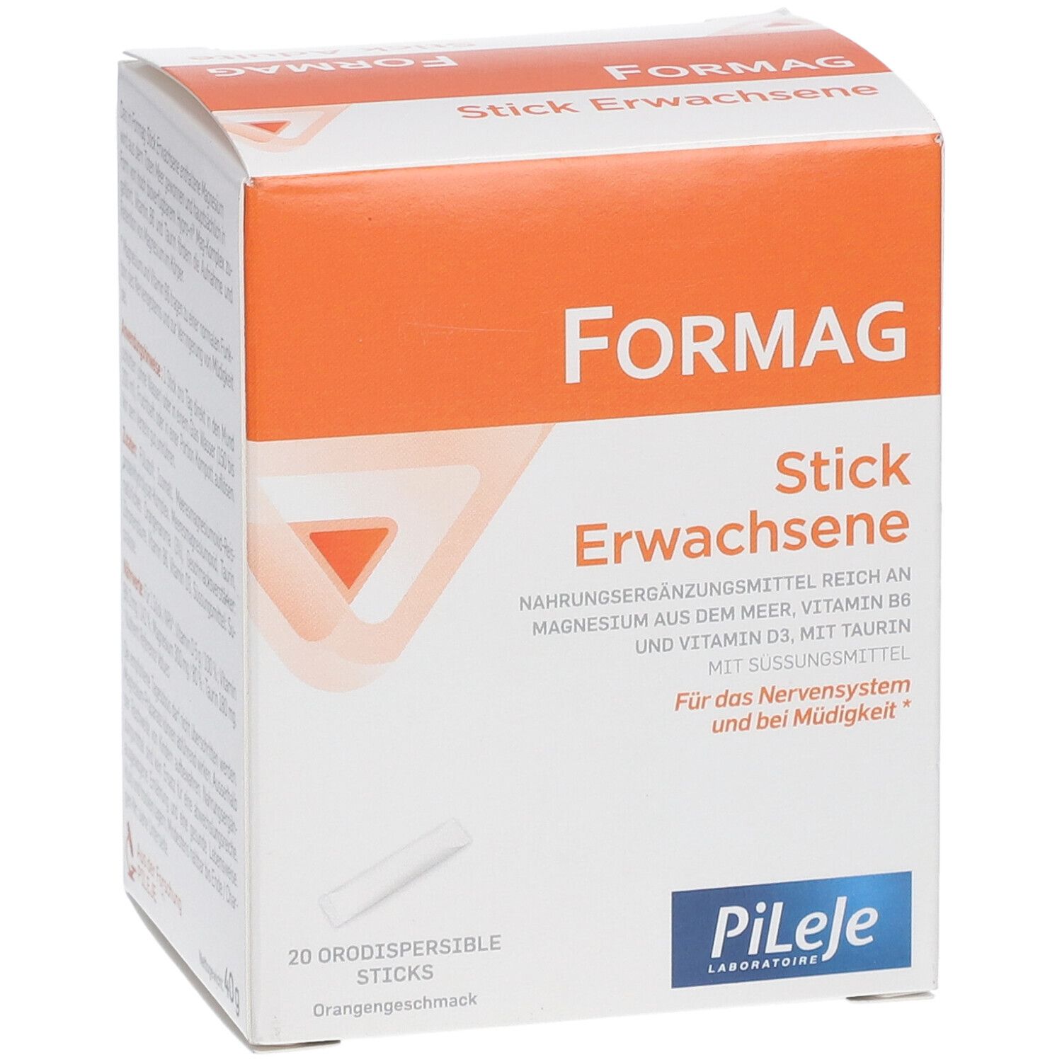 Formag Stick Erwachsene-Verpackung. Weiß-orangefarbener Karton mit Produktnamen und Inhaltsangaben. 20 Sticks, Orangen-Geschmack.