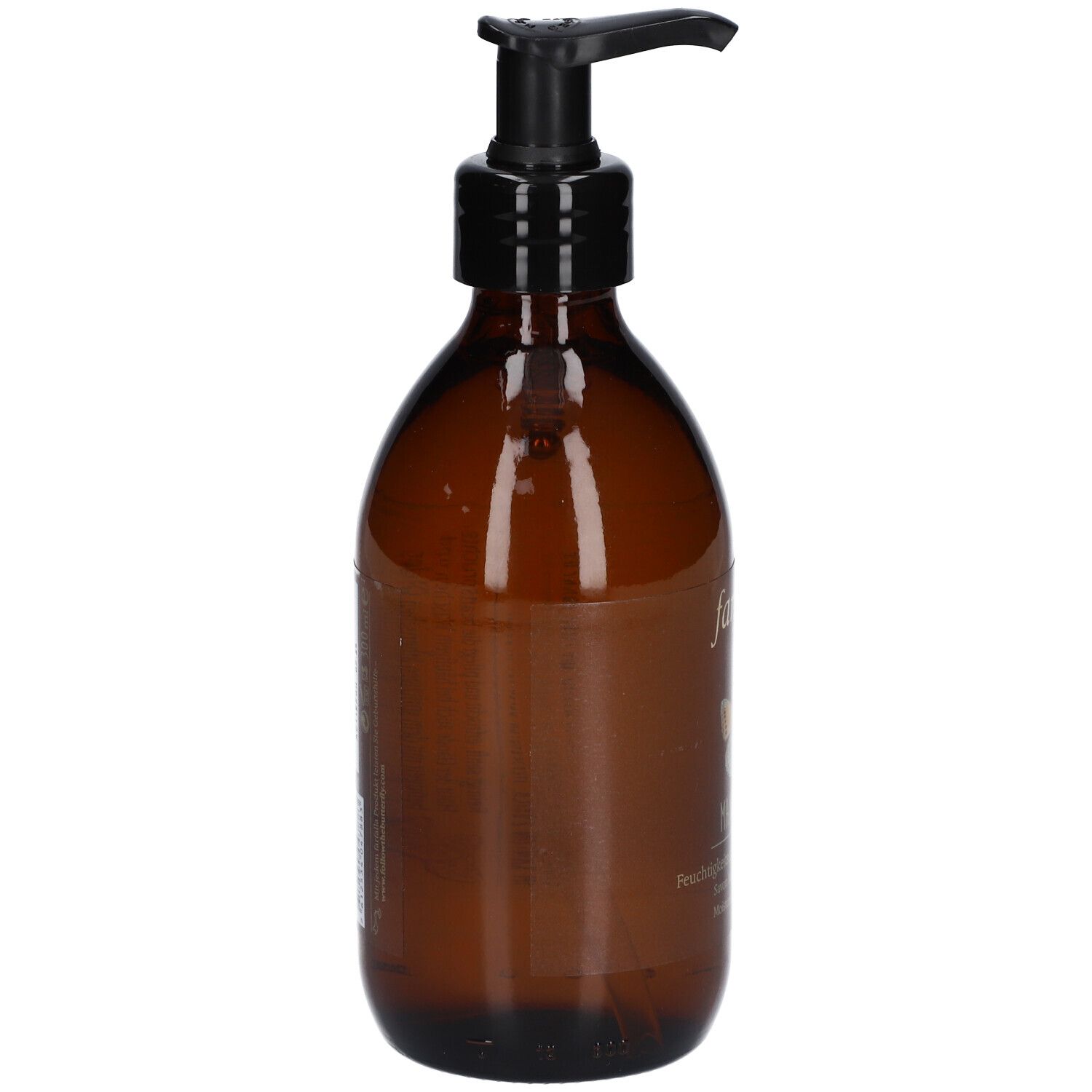 Braune Glasflasche mit schwarzem Pumpkopf. Seitliche Ansicht. Keine weiteren Details sichtbar.