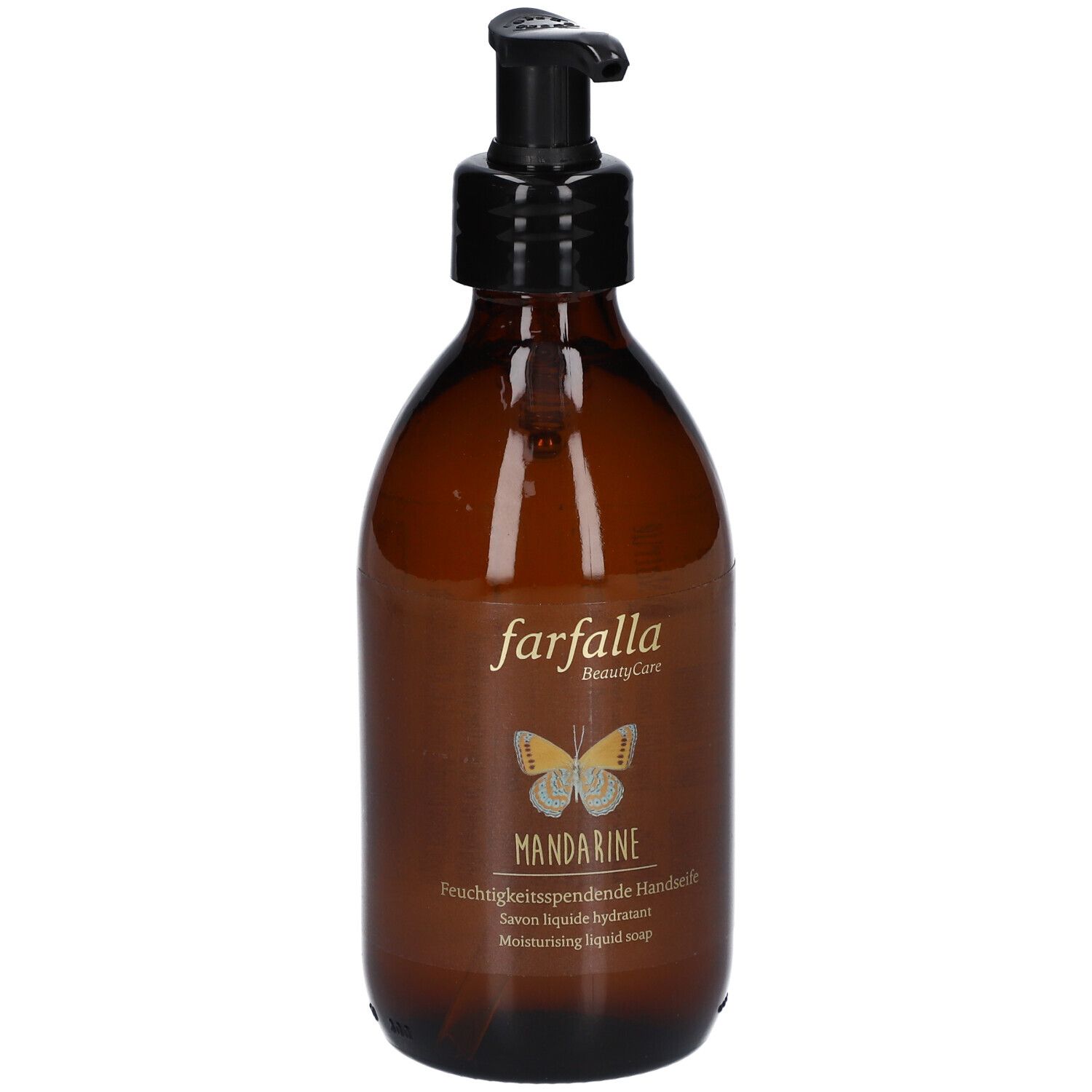 Braune Glasflasche mit schwarzem Pumpkopf. Aufschrift 'farfalla' und 'MANDARINE'. Abbildung eines Schmetterlings.