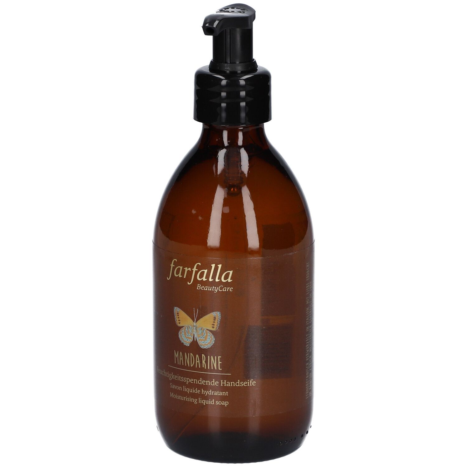 Braune Glasflasche mit schwarzem Pumpkopf. Aufschrift 'farfalla' und 'MANDARINE'. Schmetterlingsabbildung.