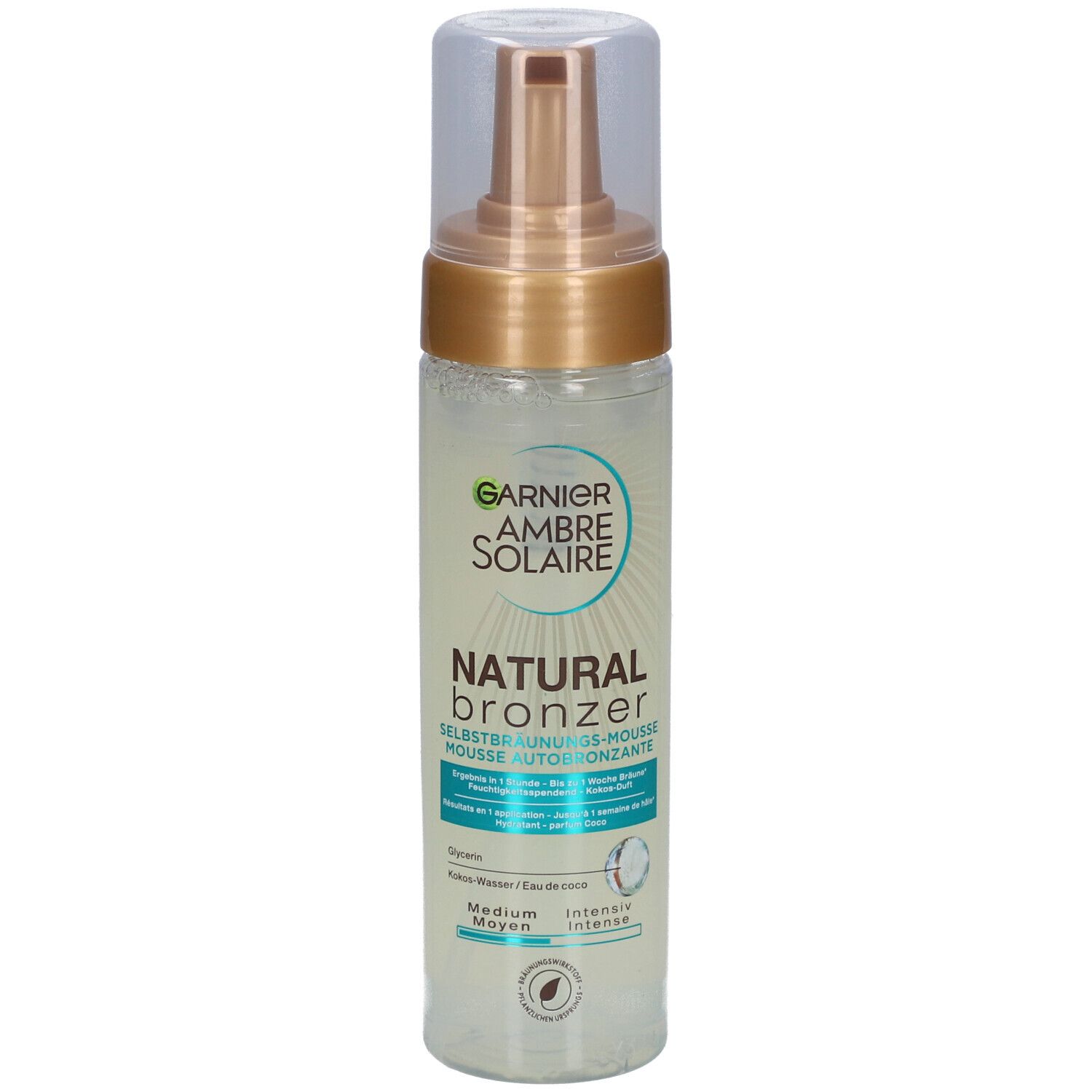 Selbstbräunungsschaum-Flasche. Garnier Ambre Solaire Natural Bronzer. Medium-Bräune. Transparente Flüssigkeit, goldener Pumpkopf.