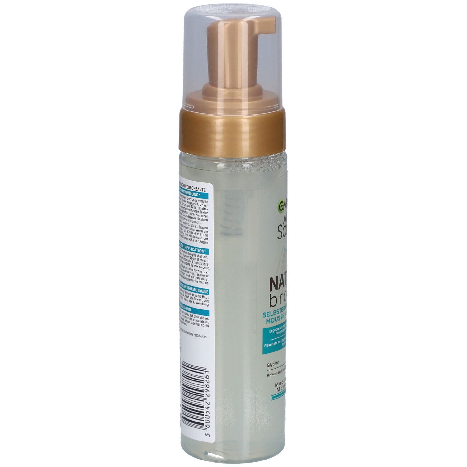 Selbstbräunungsschaum-Flasche, Seitenansicht. Garnier Ambre Solaire. Text auf Etikett. Barcode. Transparente Flüssigkeit.