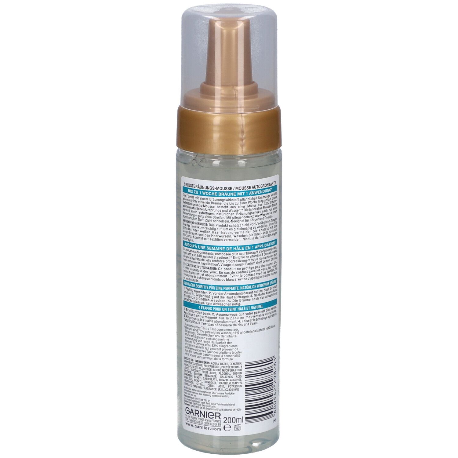 Rückseite der Selbstbräunungsschaum-Flasche. Garnier Ambre Solaire. Text auf Etikett. 200ml. Transparente Flüssigkeit.