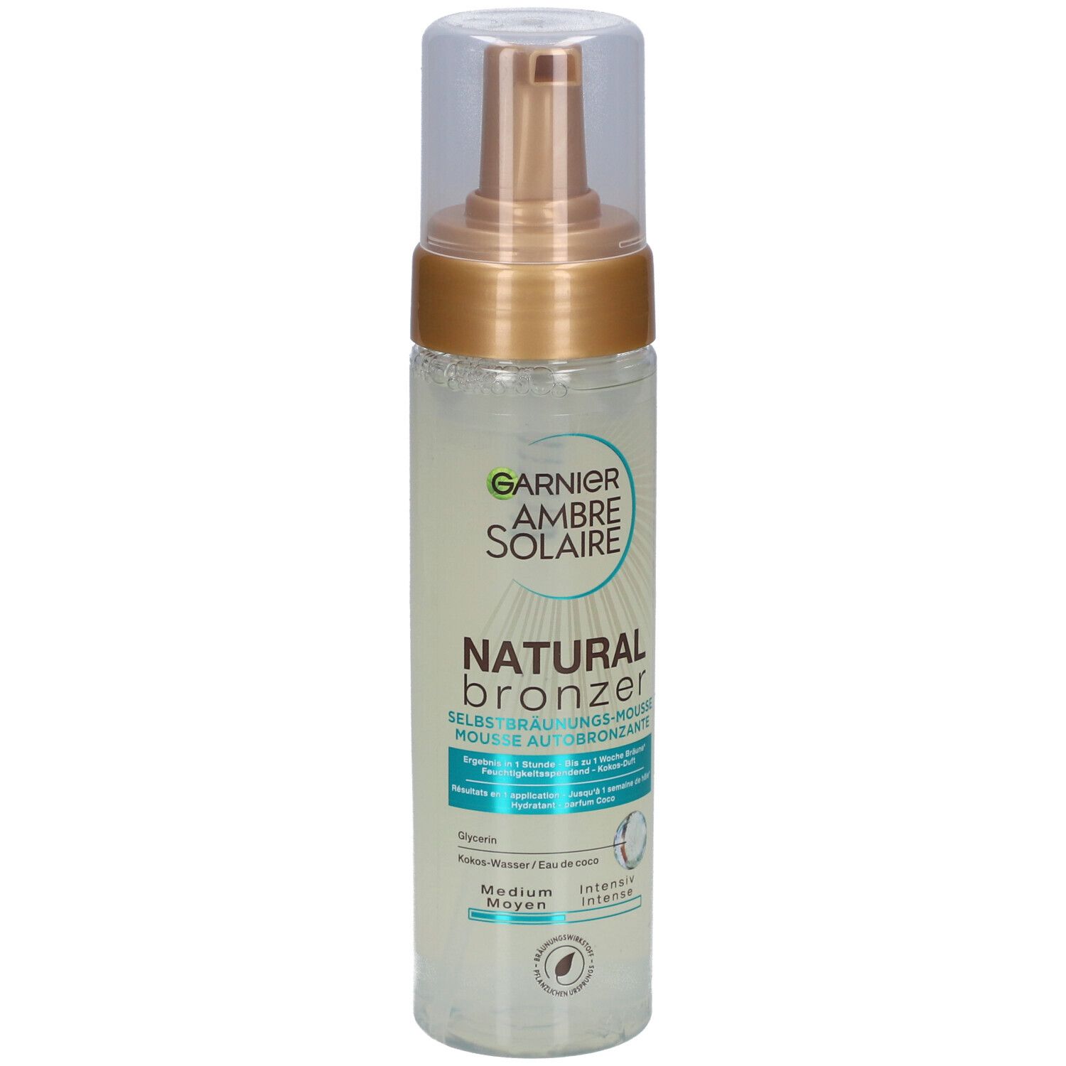 Selbstbräunungsschaum-Flasche. Garnier Ambre Solaire Natural Bronzer. Medium-Bräune. Transparente Flüssigkeit, goldener Pumpkopf.