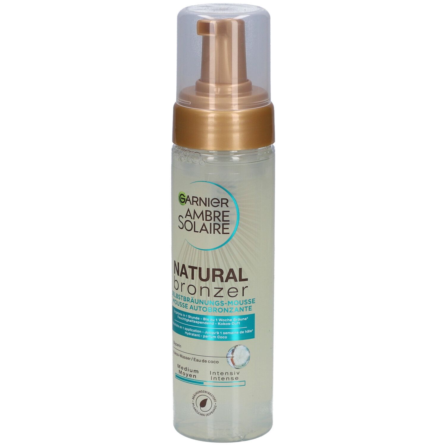 Selbstbräunungsschaum-Flasche. Garnier Ambre Solaire Natural Bronzer. Medium-Bräune. Transparente Flüssigkeit, goldener Pumpkopf.