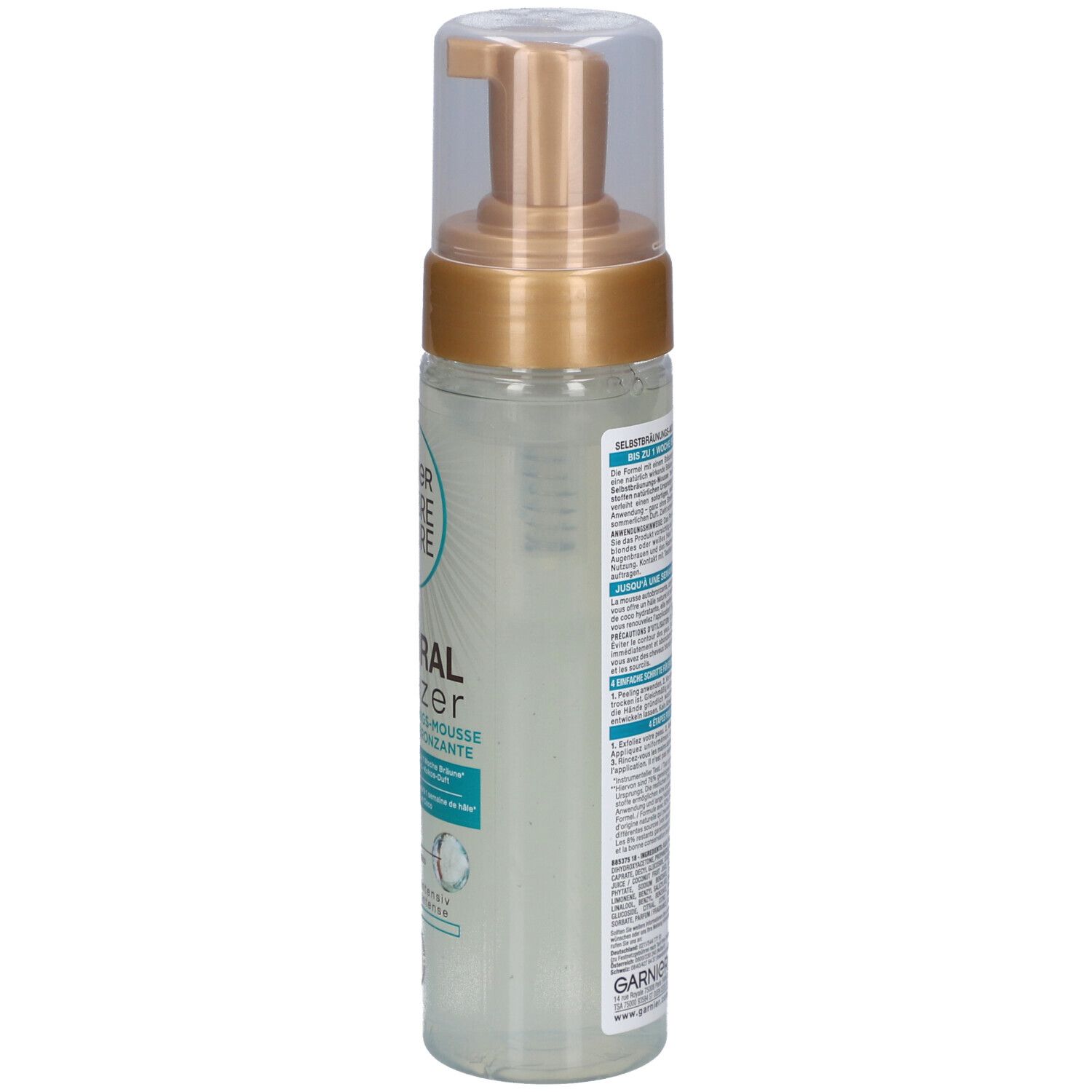 Selbstbräunungsschaum-Flasche, Seitenansicht. Garnier Ambre Solaire. Text auf Etikett. Transparente Flüssigkeit.