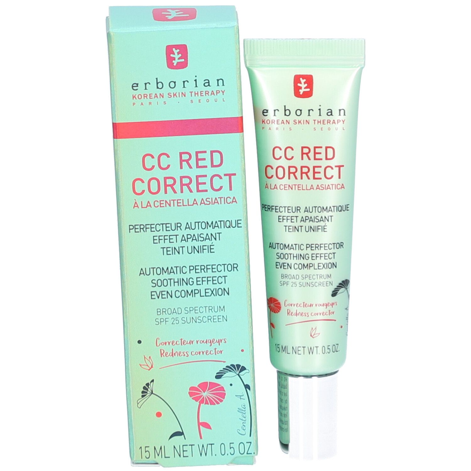 Produktverpackung und Tube. Aufschrift: CC Red Correct, Erborian. 15 ml. Mit SPF 25 Sonnenschutz.