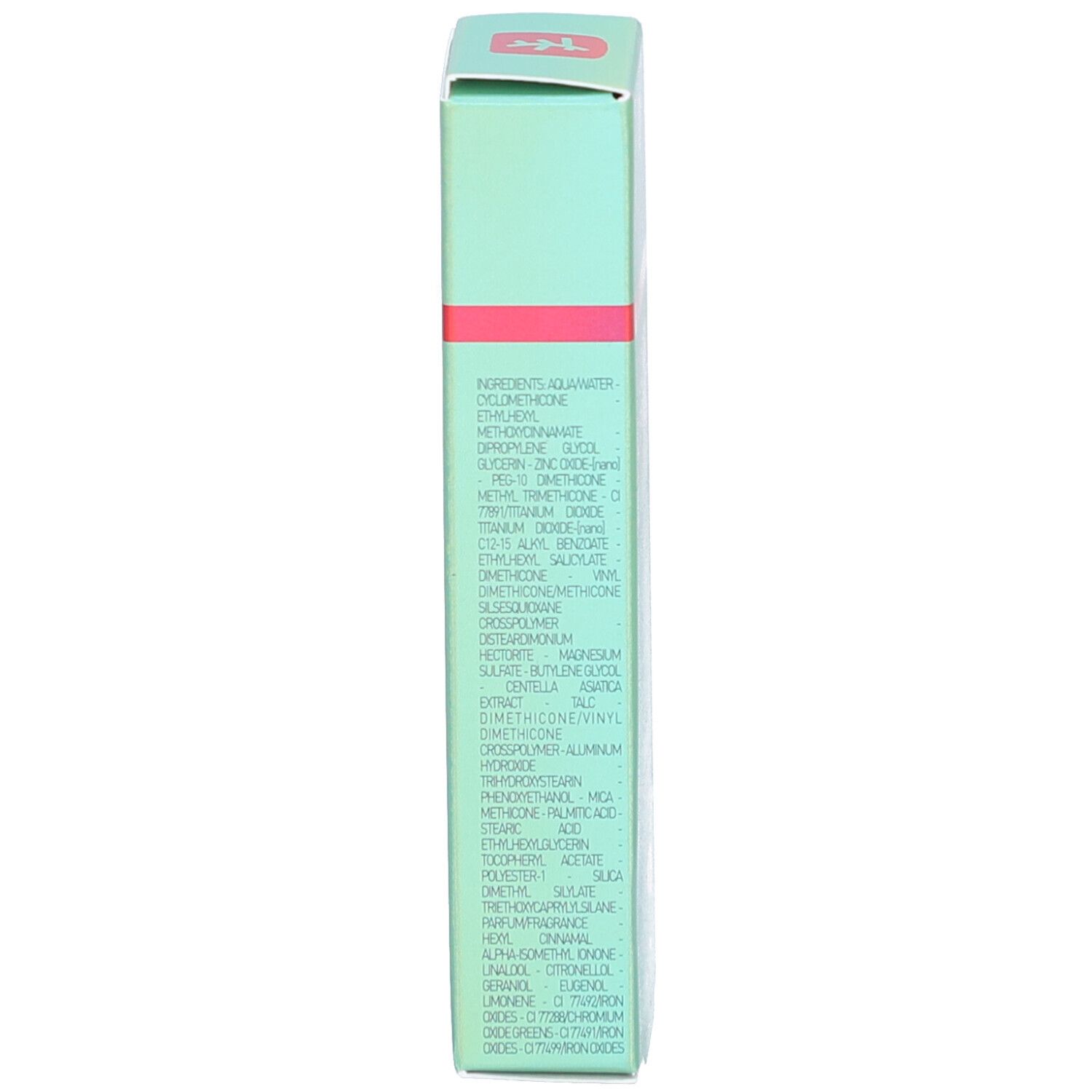 Seite der grünen Produktverpackung. Auflistung der Inhaltsstoffe in englischer Sprache.