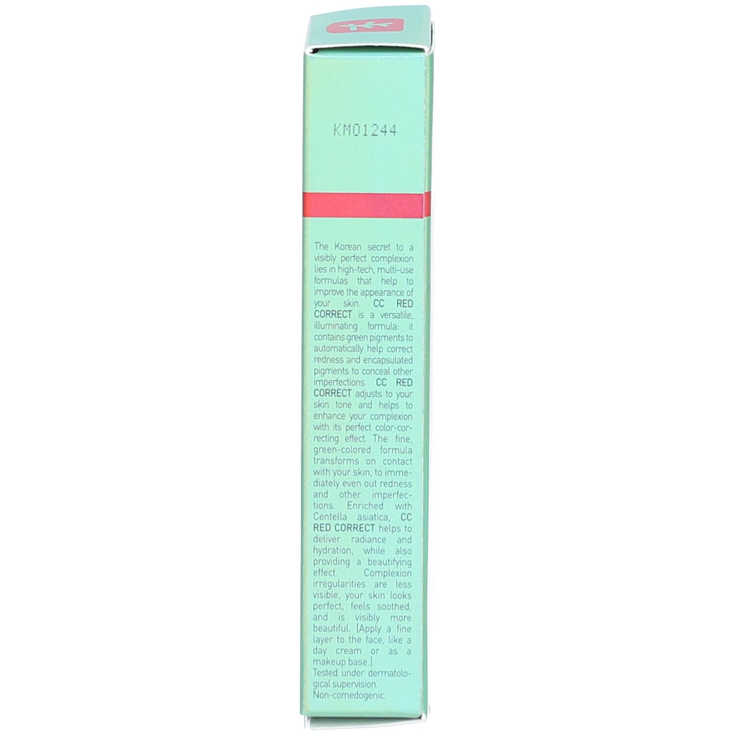 Seite der grünen Produktverpackung. Text in mehreren Sprachen. Produktbeschreibung.