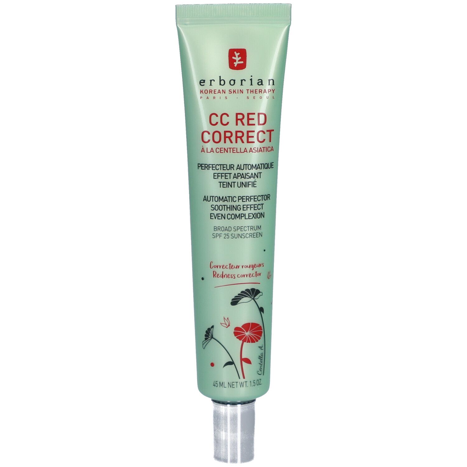 Grüne Tube mit silbernem Verschluss. Aufschrift: Erborian CC Red Correct. Enthält 45 ml. Mit Sonnenschutzfaktor 25.