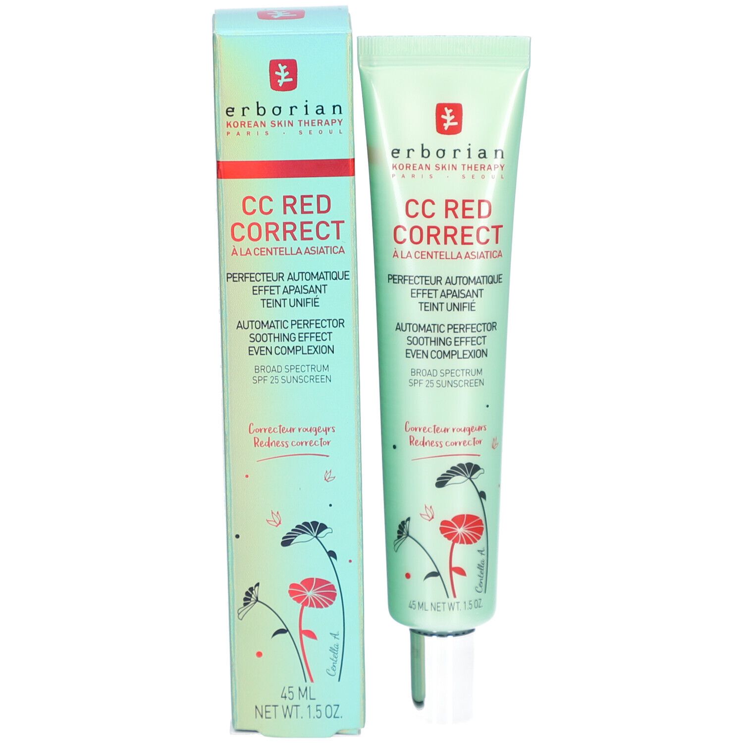 Produktverpackung und Tube. Aufschrift: Erborian CC Red Correct. Mit Sonnenschutzfaktor 25. 45 ml.