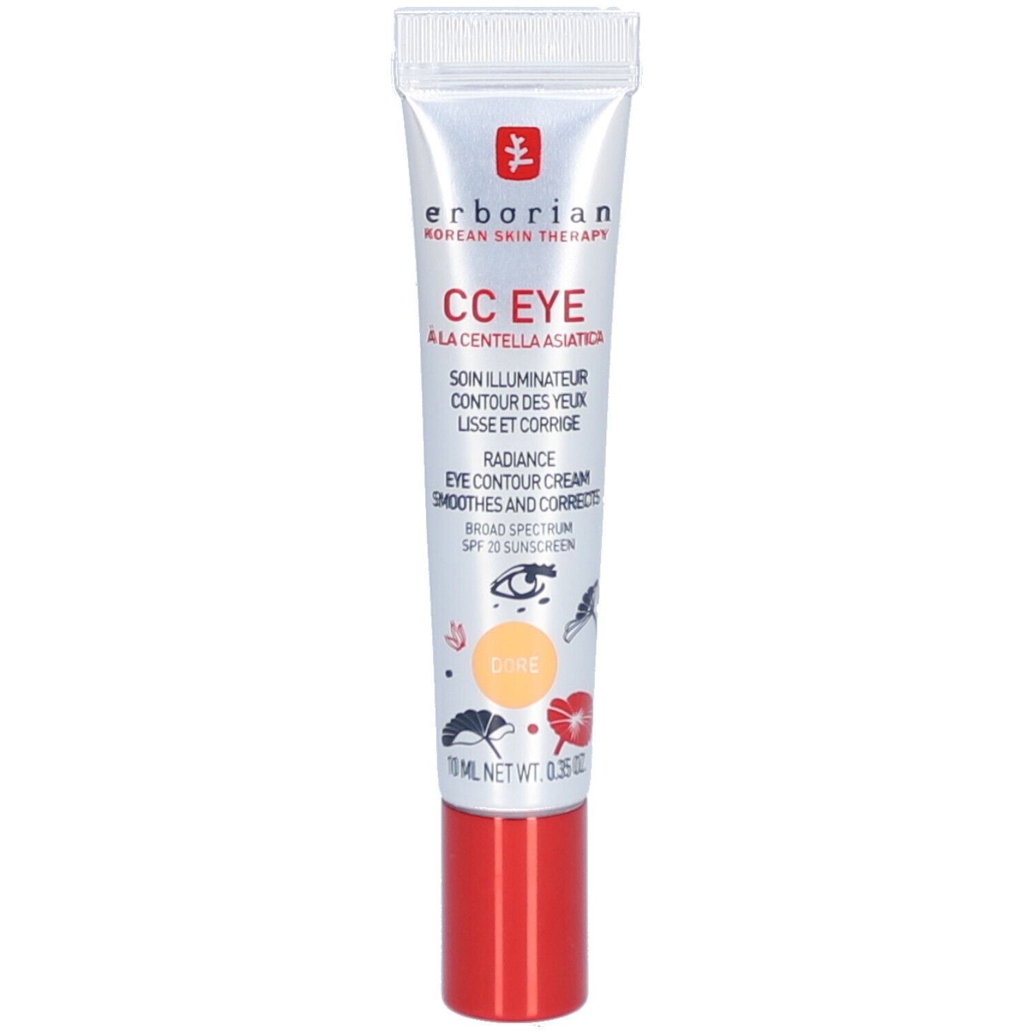 Erborian CC Eye-Creme, silberne Tube mit rotem Verschluss. Text und Logo. "Doré" auf der Tube.