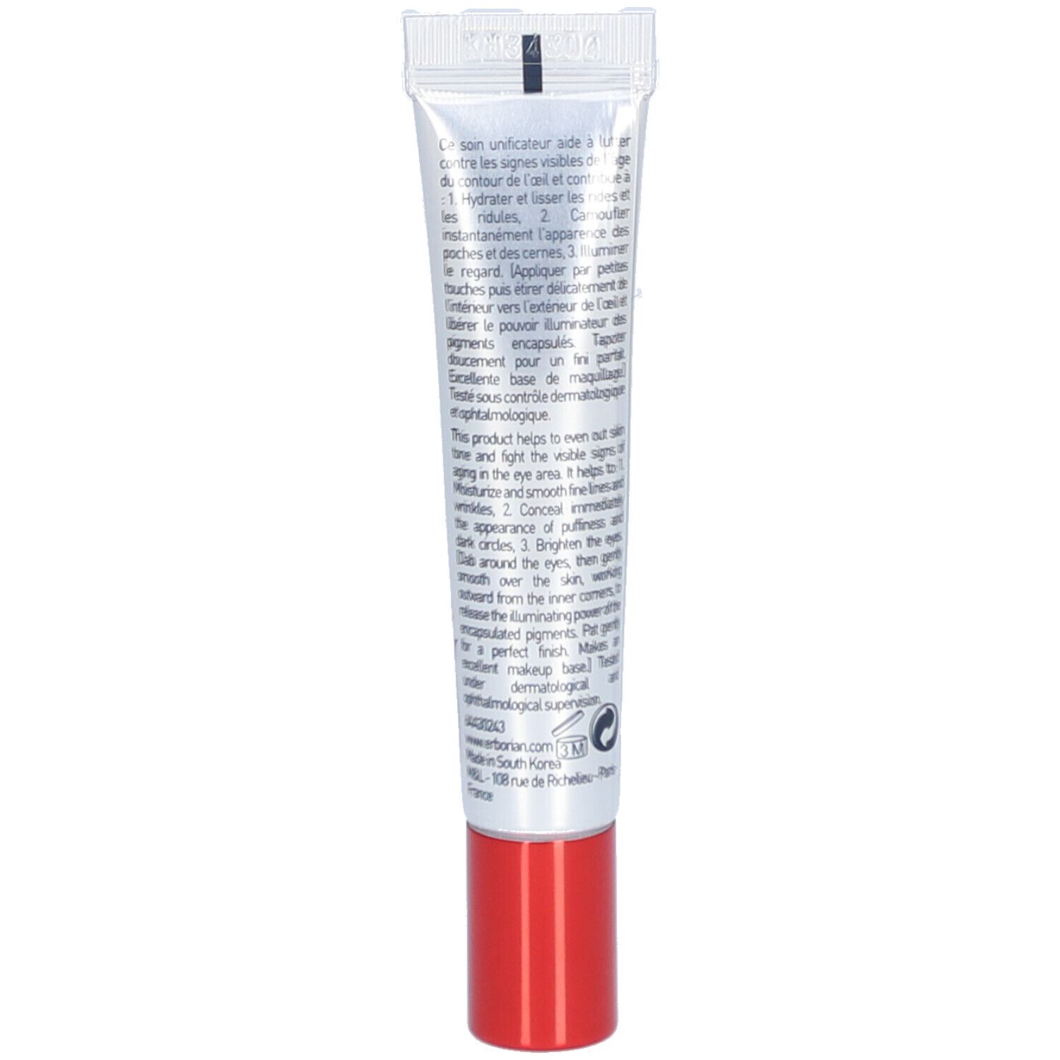 Rückseite der Erborian CC Eye-Creme-Tube. Text in mehreren Sprachen. Roter Verschluss.