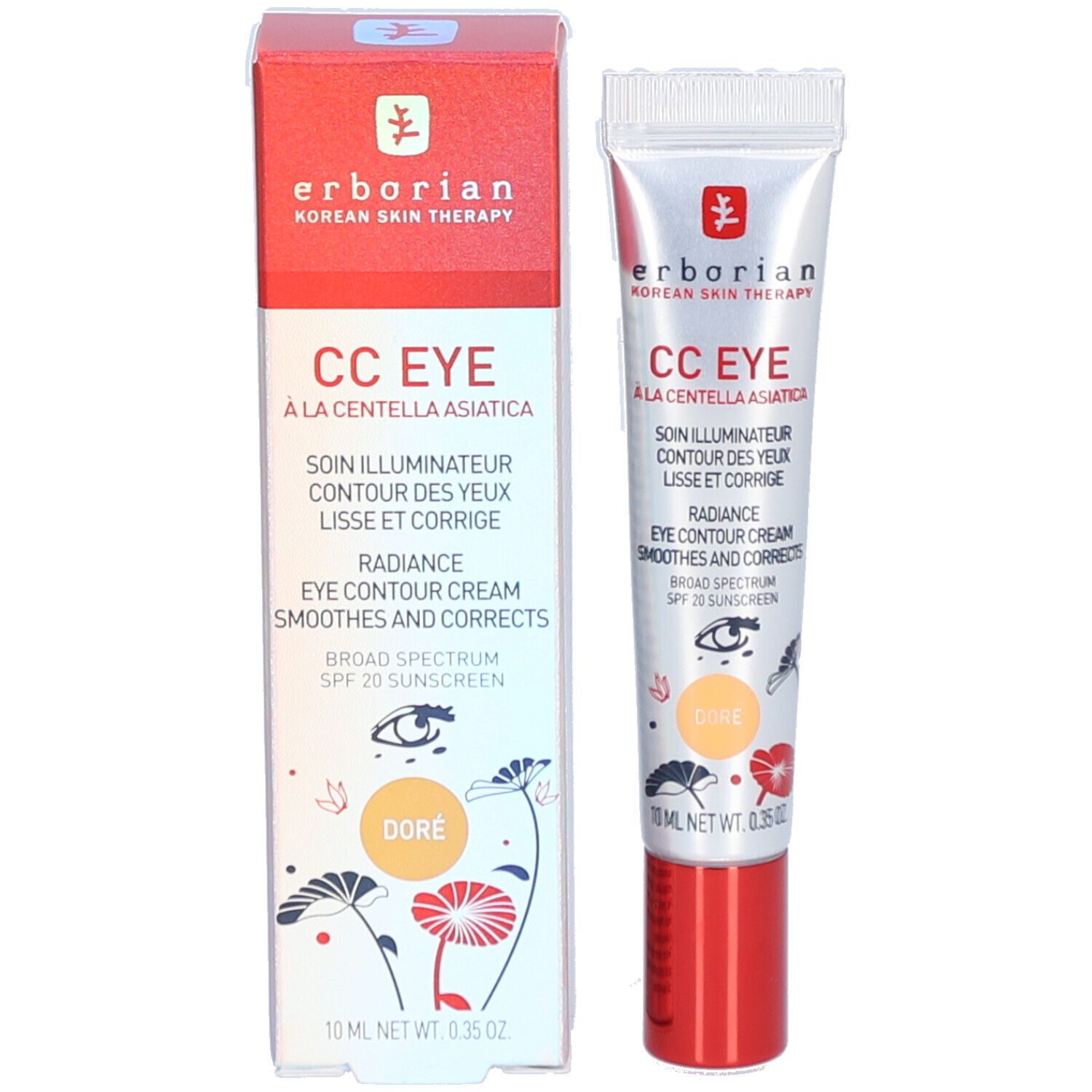 Erborian CC Eye-Creme und Verpackung. Tube und Schachtel. "Doré" auf der Schachtel und Tube.